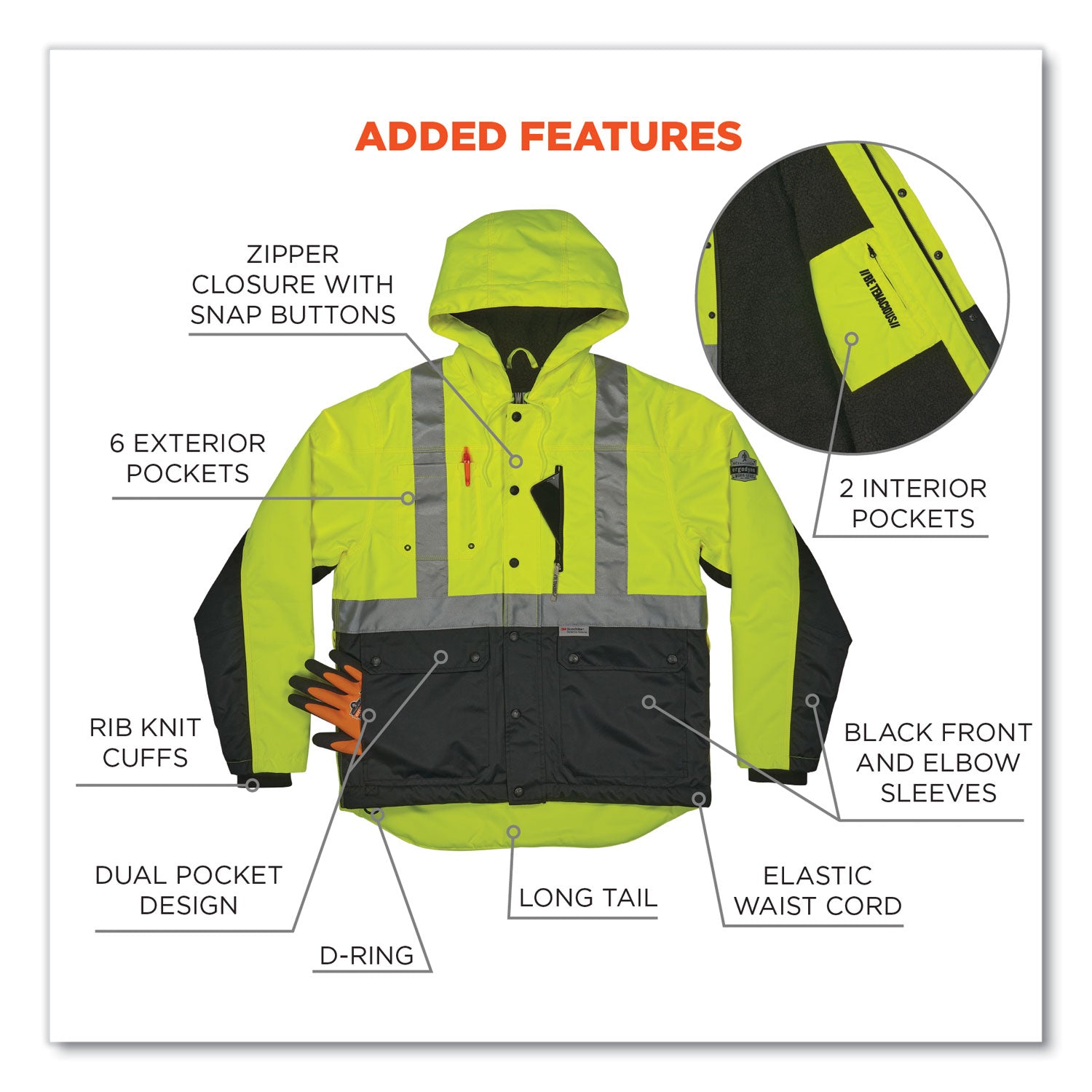 ergodyne® GloWear 8275 Class 2 Heavy-Duty Hi-Vis Workwear Sherpa Lined Jacket, Medium, Lime