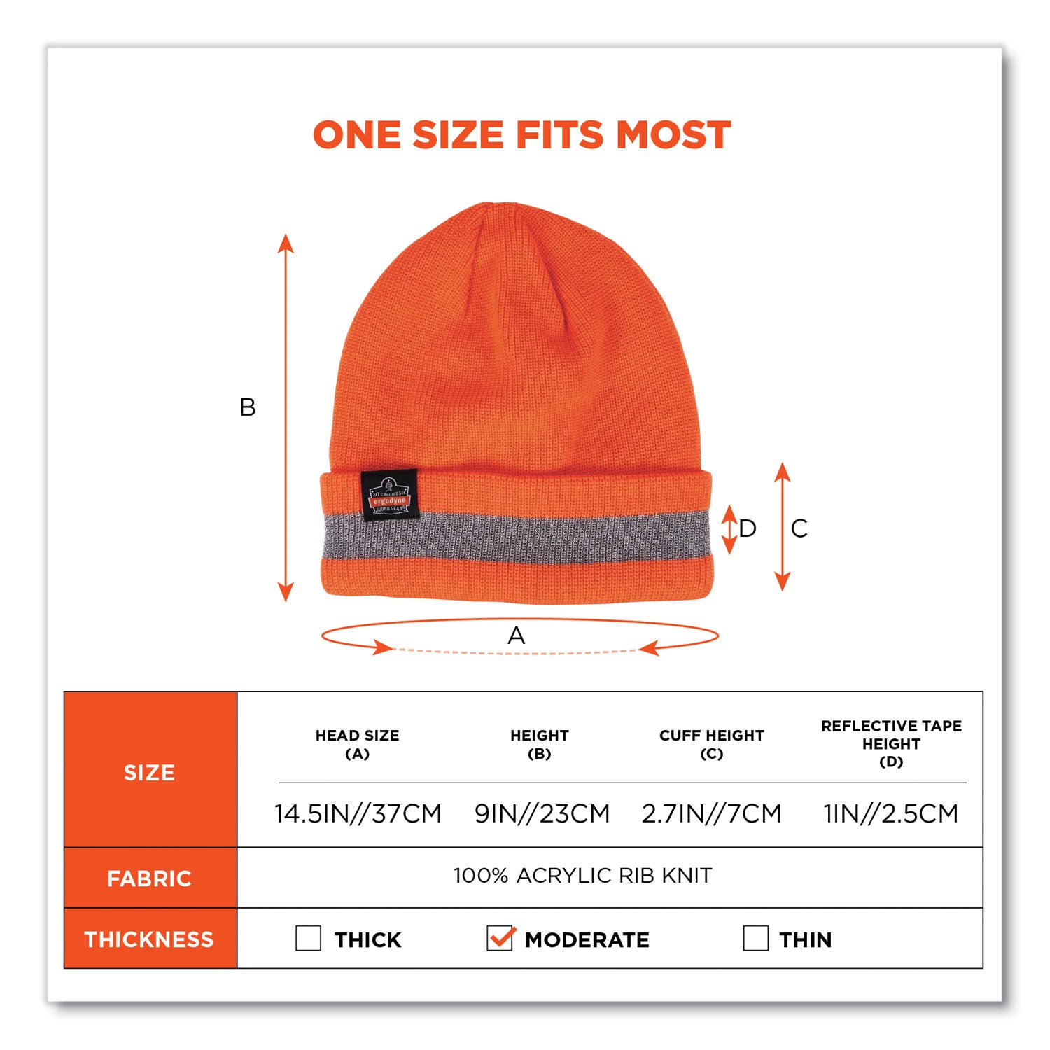 ergodyne® N-Ferno 6803 Reflective Rib Knit Winter Hat, One Size Fits Most, Orange