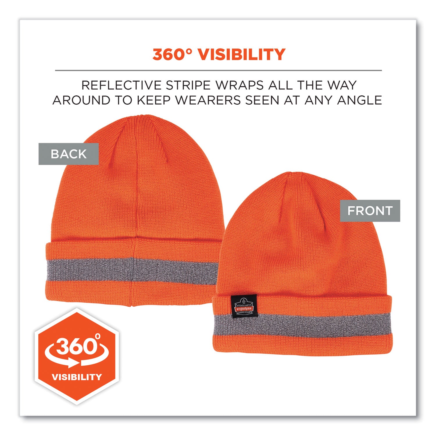 ergodyne® N-Ferno 6803 Reflective Rib Knit Winter Hat, One Size Fits Most, Orange