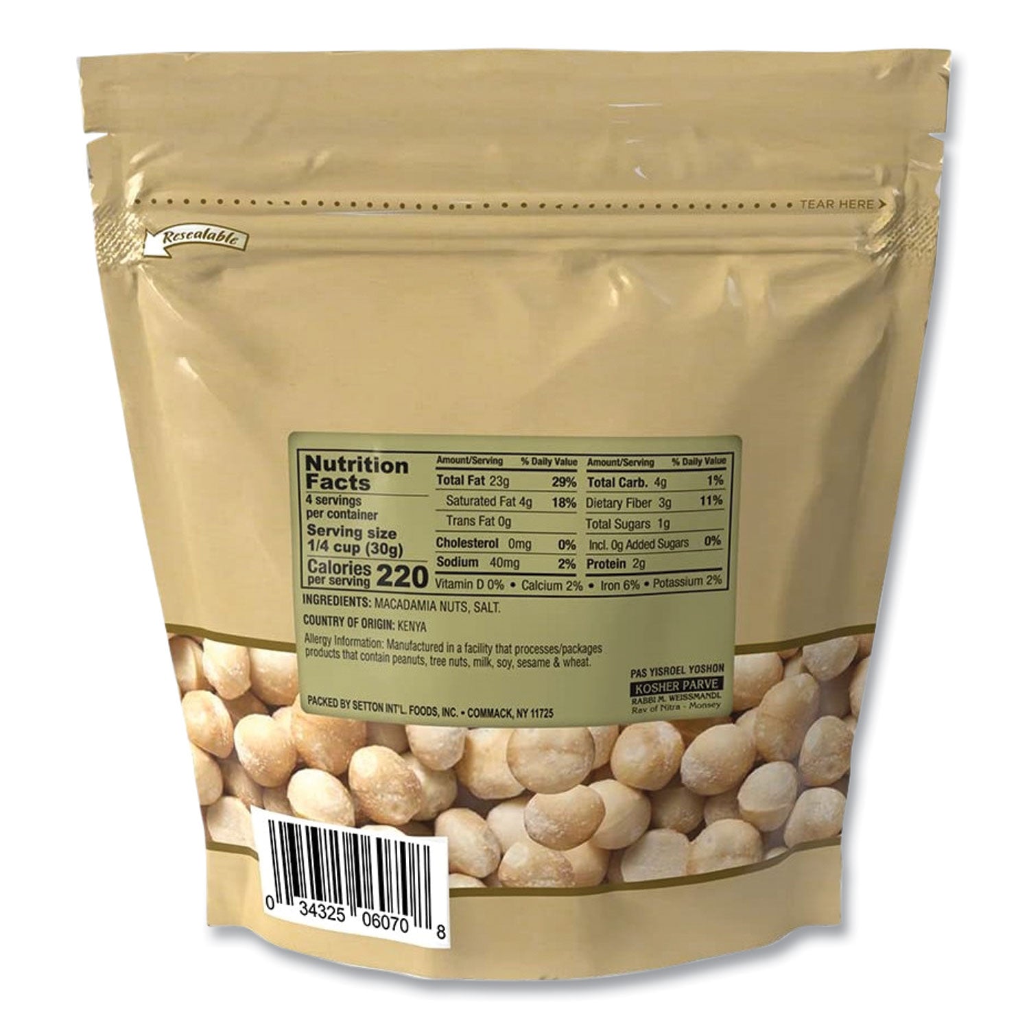 Setton Farms® Macadamia Nuts, Dry Roasted, Salted, 4 oz Bag, 12/Carton