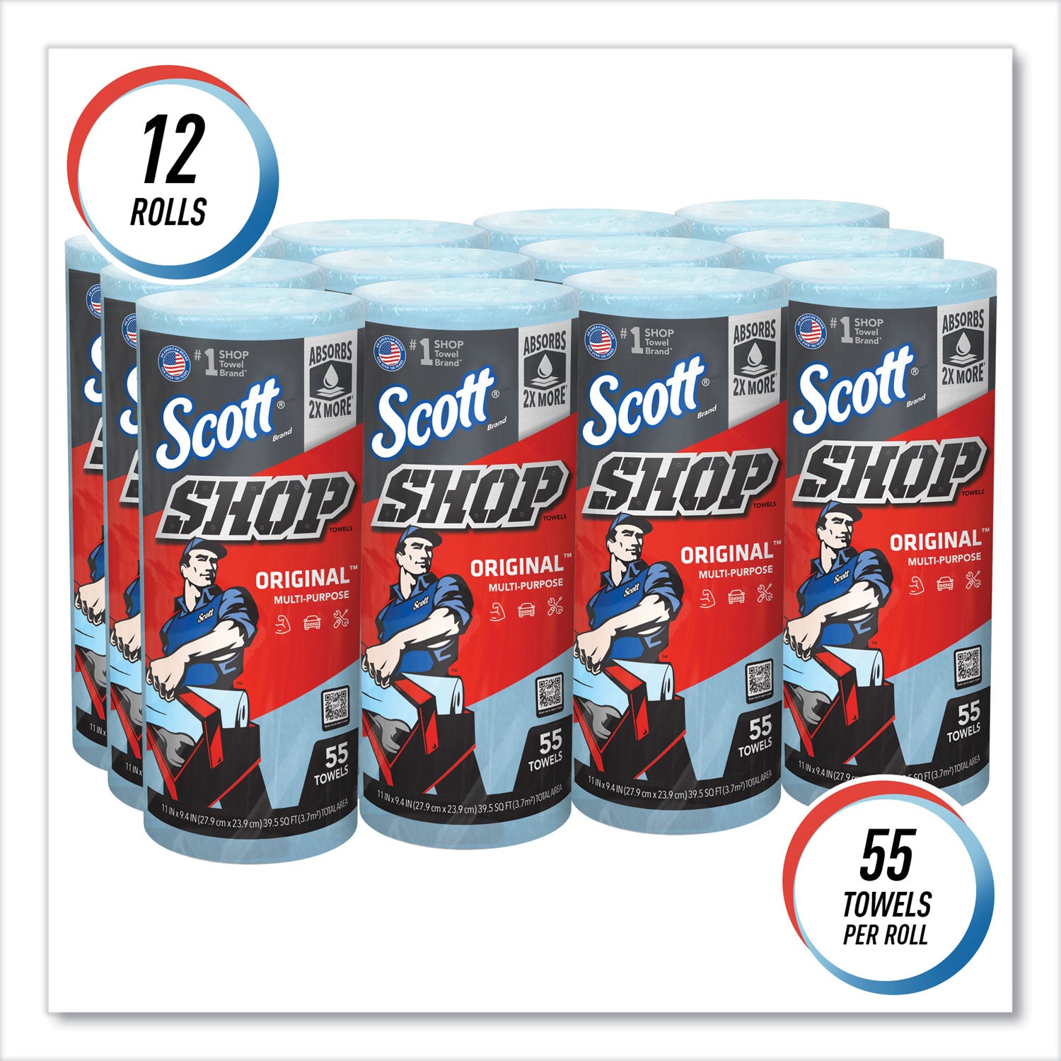 Scott® Shop Towels, Standard Roll, 1-Ply, 9.4 x 11, Blue, 55/Roll, 12 Rolls/Carton