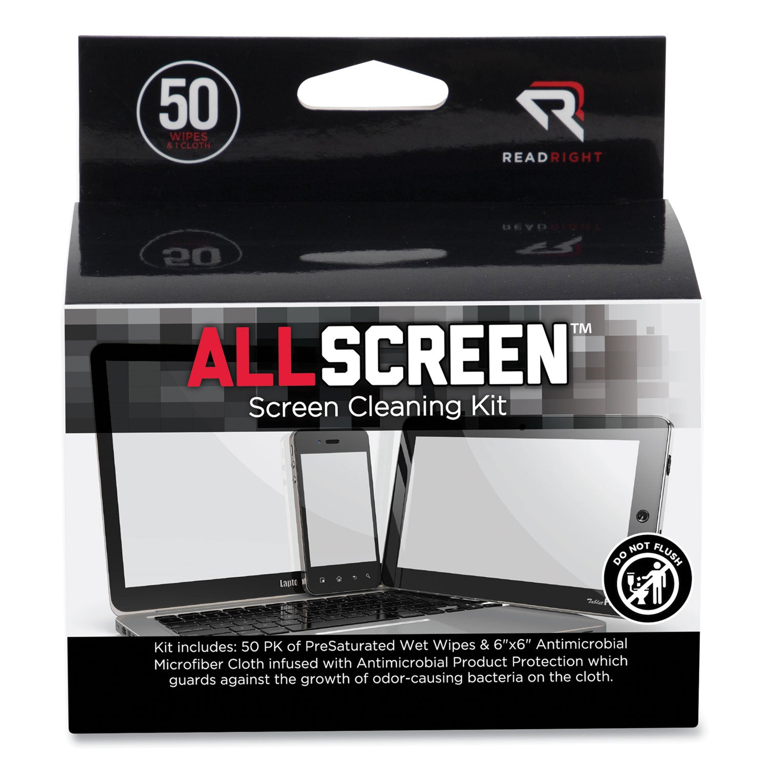AllScreen Cleaning Kit with (1) 6 x 6 Microfiber Cloth, (50) 4 x 5 Individually Wrapped Pre-Saturated Wipes, Unscented, White
