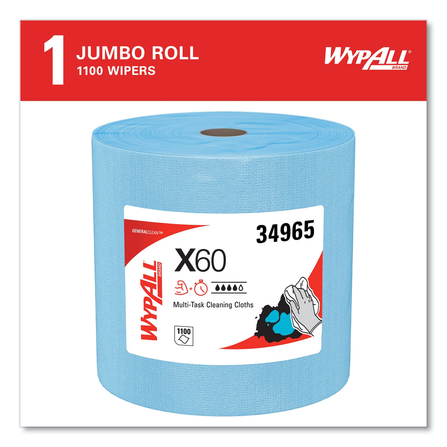WypAll® General Clean X60 Cloths, Jumbo Roll, 12.5 x 13.4, Blue, 1,100/Roll