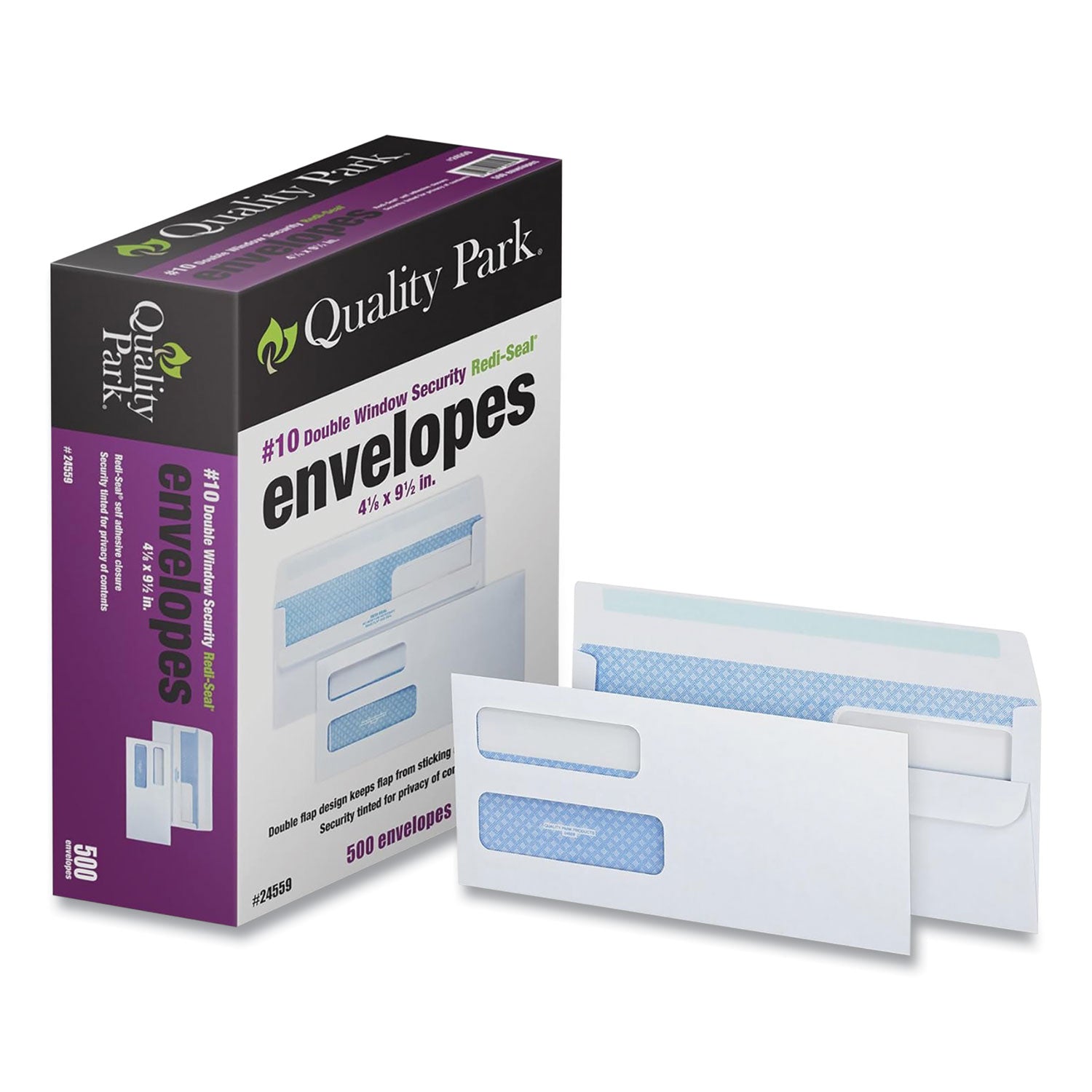 Quality Park™ Double Window Redi-Seal Security-Tinted Envelope, #10, Commercial Flap, Redi-Seal Adhesive Closure, 4.13 x 9.5, White, 500/BX