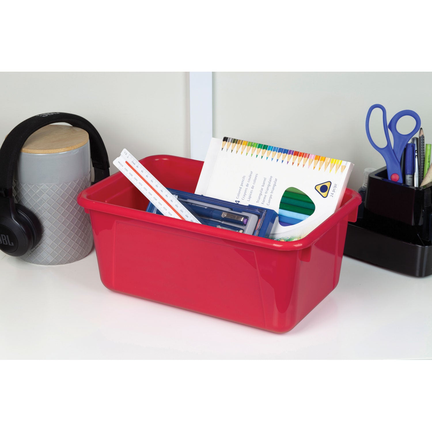 Storex Cubby Bin with Lid, 12.28 x 7.95 x 5.23, Red, 5/Pack