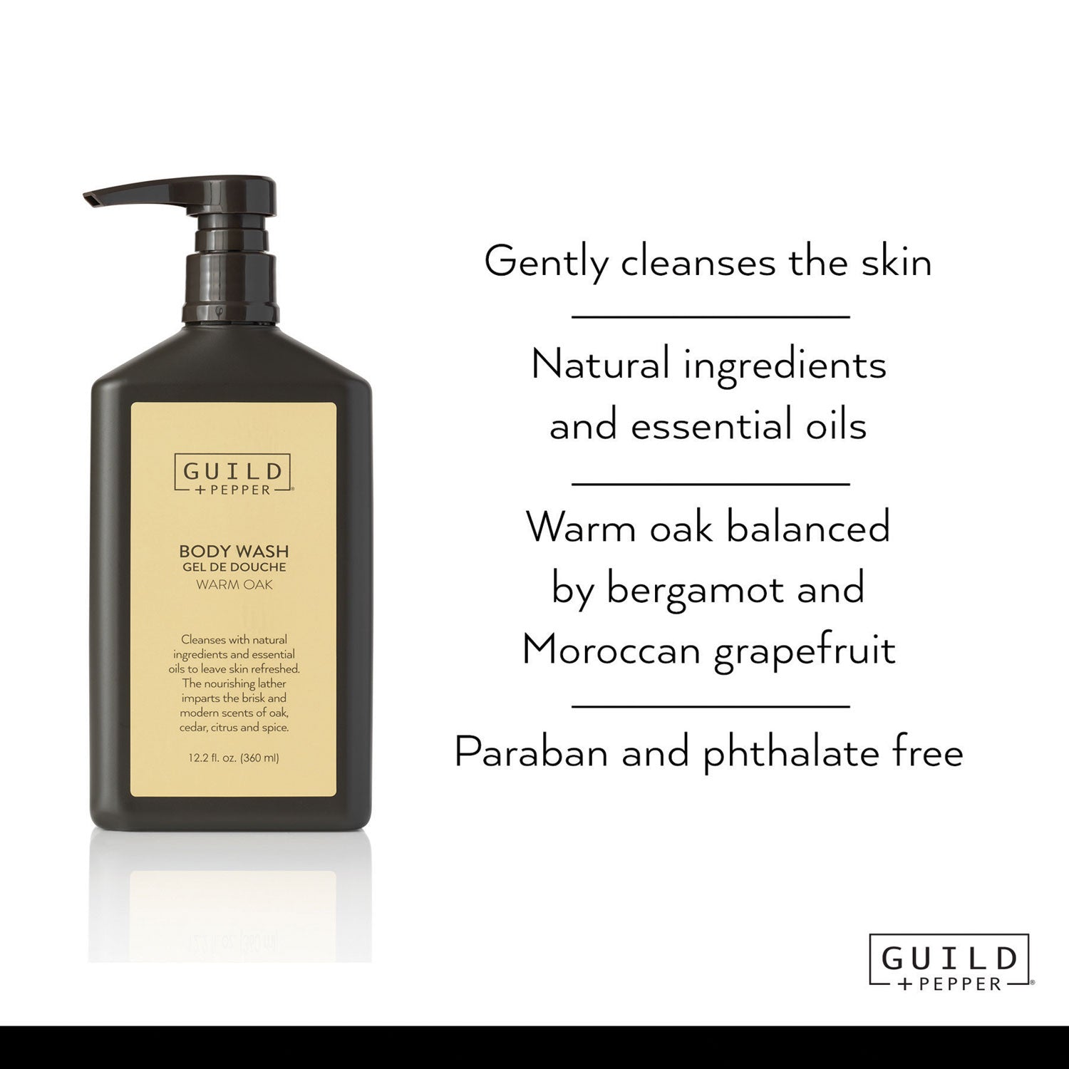 Guild+Pepper® Shower Gel, Warm Oak Scent, 12.2 oz, 12/Carton