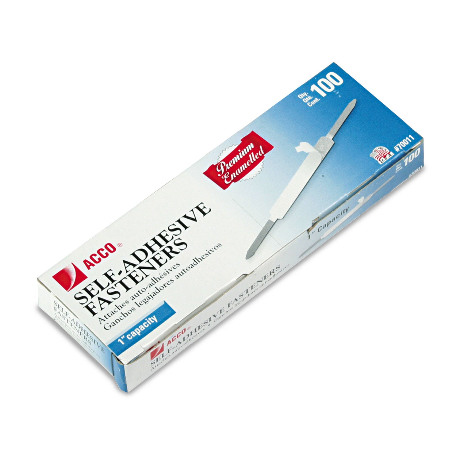 ACCO Premium Self-Adhesive Two-Prong Paper Fastener Bases, 1" Capacity, 2.75" Center to Center, Silver, 100/Box