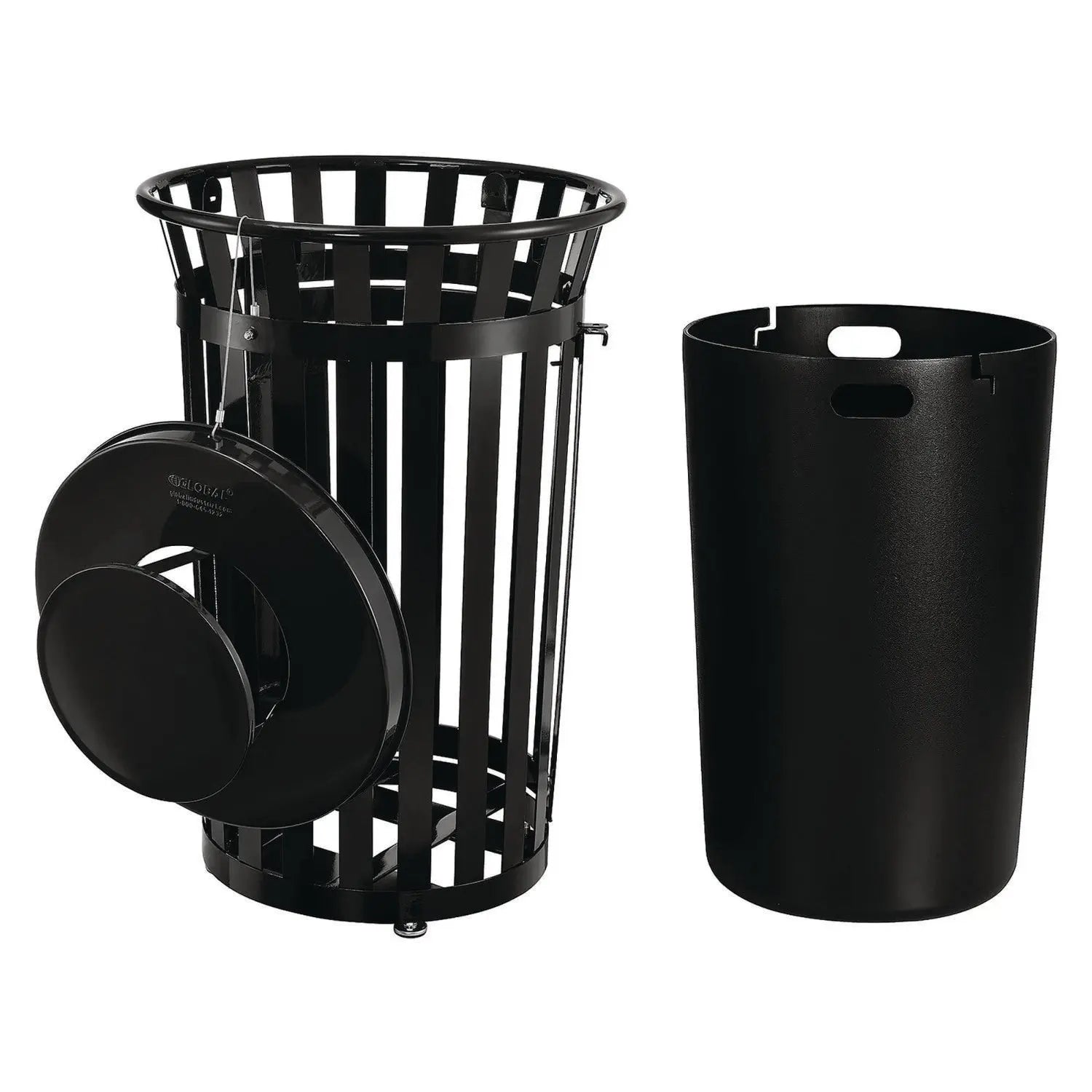Outdoor Slatted Steel Trash Can, With Access Door and Rain Bonnet Lid, 36 gal, Black Global Industrial® Flipcost