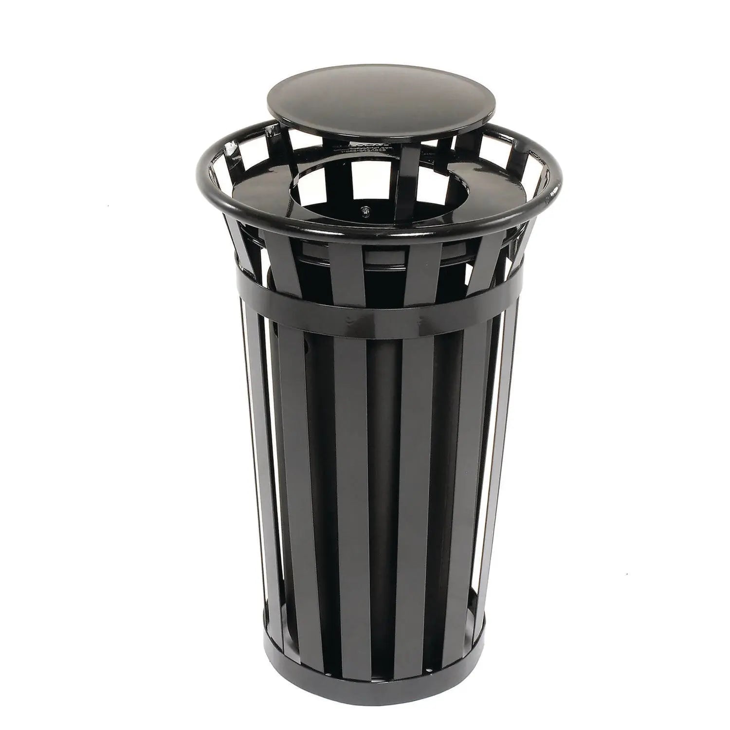 Outdoor Slatted Steel Trash Can, Rain Bonnet Lid, 24 gal, Black Global Industrial® Flipcost