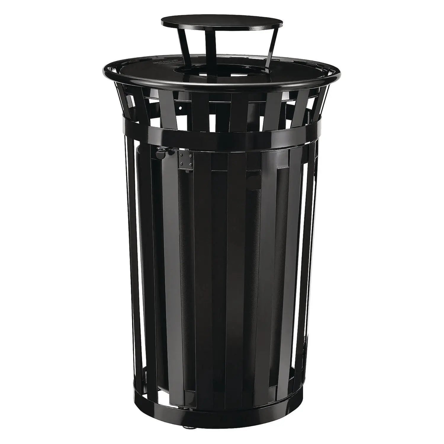 Outdoor Slatted Steel Trash Can, With Access Door and Rain Bonnet Lid, 36 gal, Black