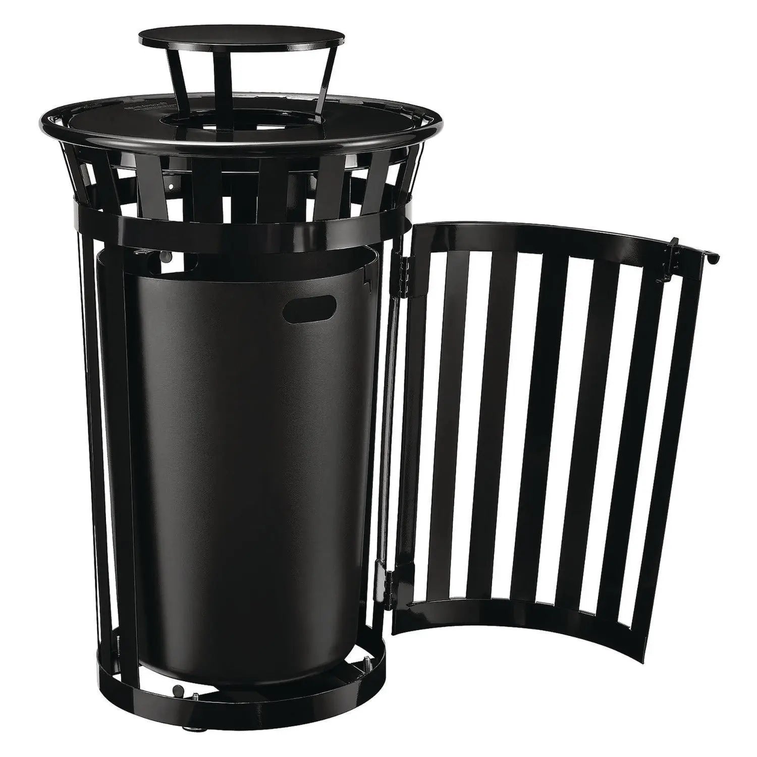 Outdoor Slatted Steel Trash Can, With Access Door and Rain Bonnet Lid, 36 gal, Black Global Industrial® Flipcost