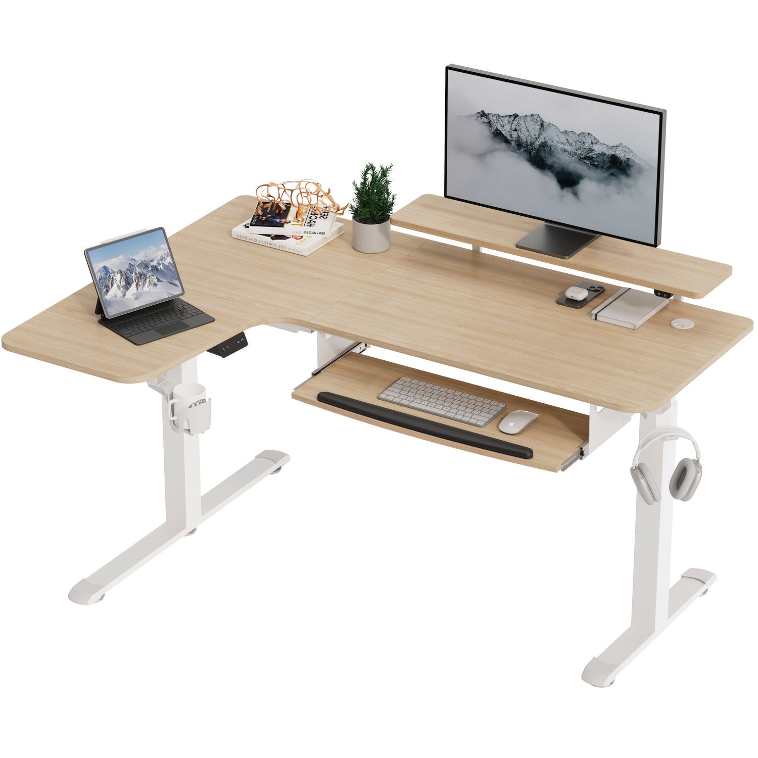 Eureka Ergonomic® L-Shaped Standing Desk with Keyboard Tray, Left Desk, 61.25" x 43.25" x 34.38" to 52.88", Maple White/White