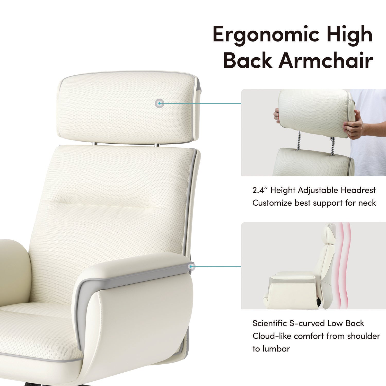 Eureka Ergonomic® Royal Executive Office Chair, Support up to 300 lb, 19.46"-22.26" Seat Height, White PU Leather Seat, White Faux Leather Back
