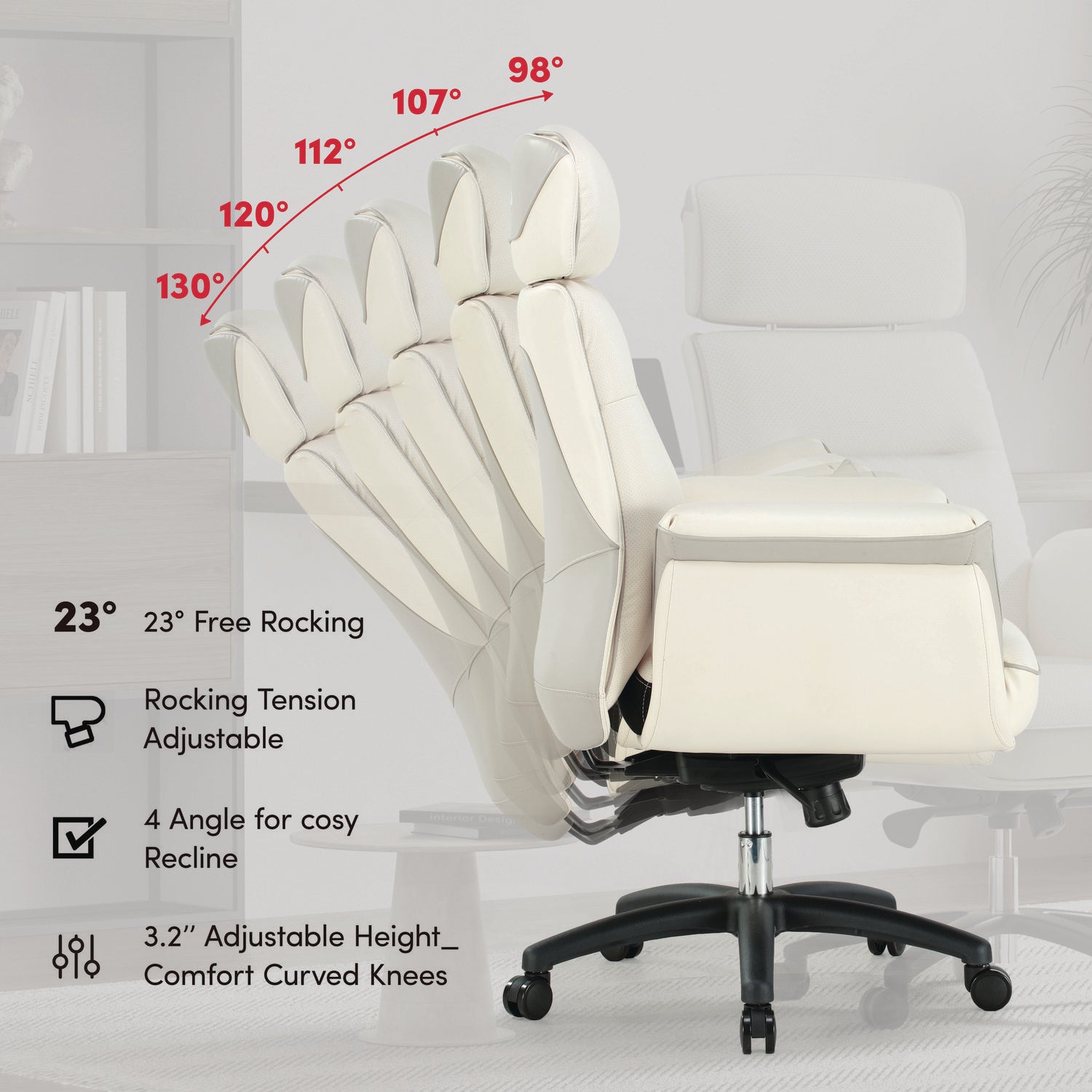 Eureka Ergonomic® Royal Executive Office Chair, Support up to 300 lb, 19.46"-22.26" Seat Height, White PU Leather Seat, White Faux Leather Back