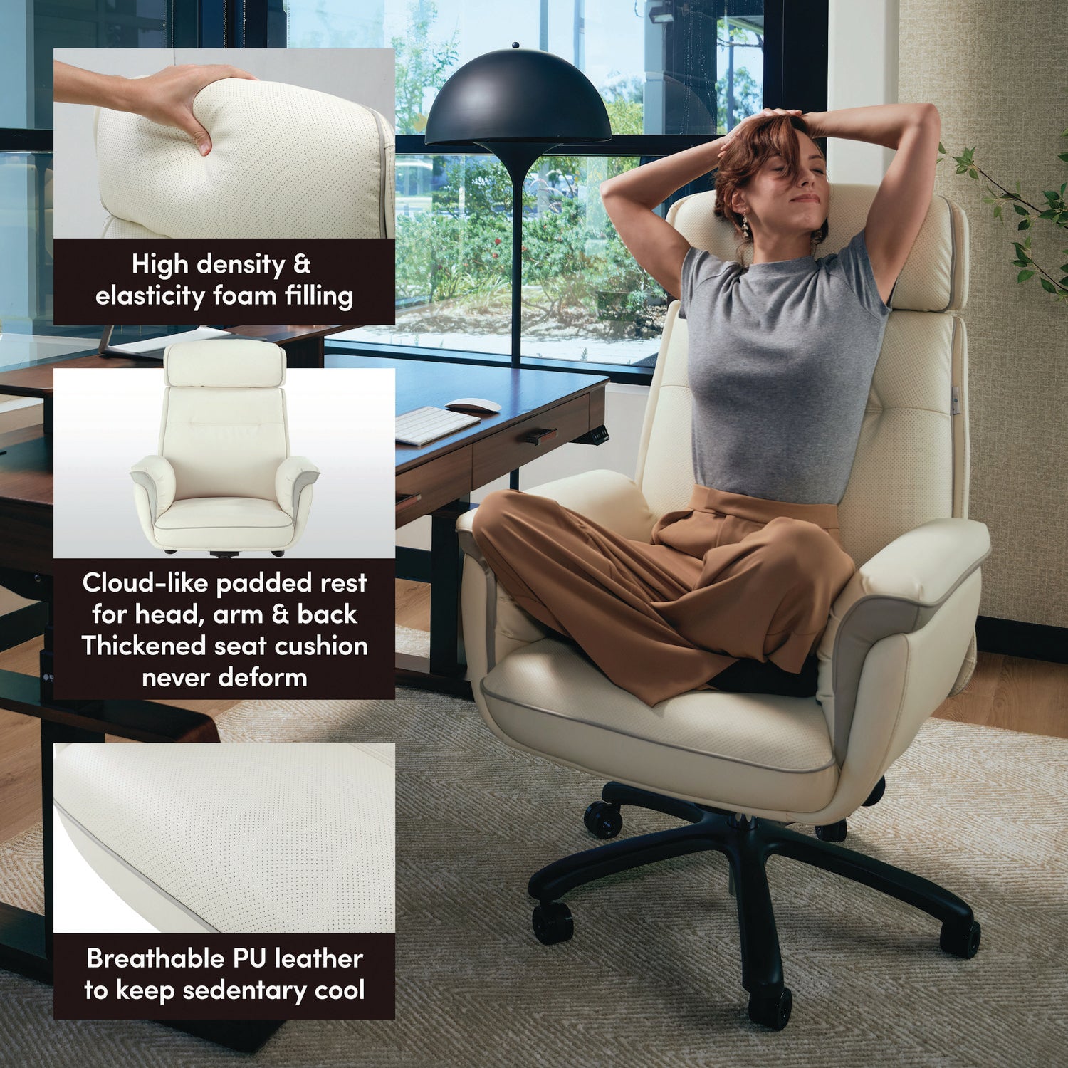 Eureka Ergonomic® Royal Executive Office Chair, Support up to 300 lb, 19.46"-22.26" Seat Height, White PU Leather Seat, White Faux Leather Back