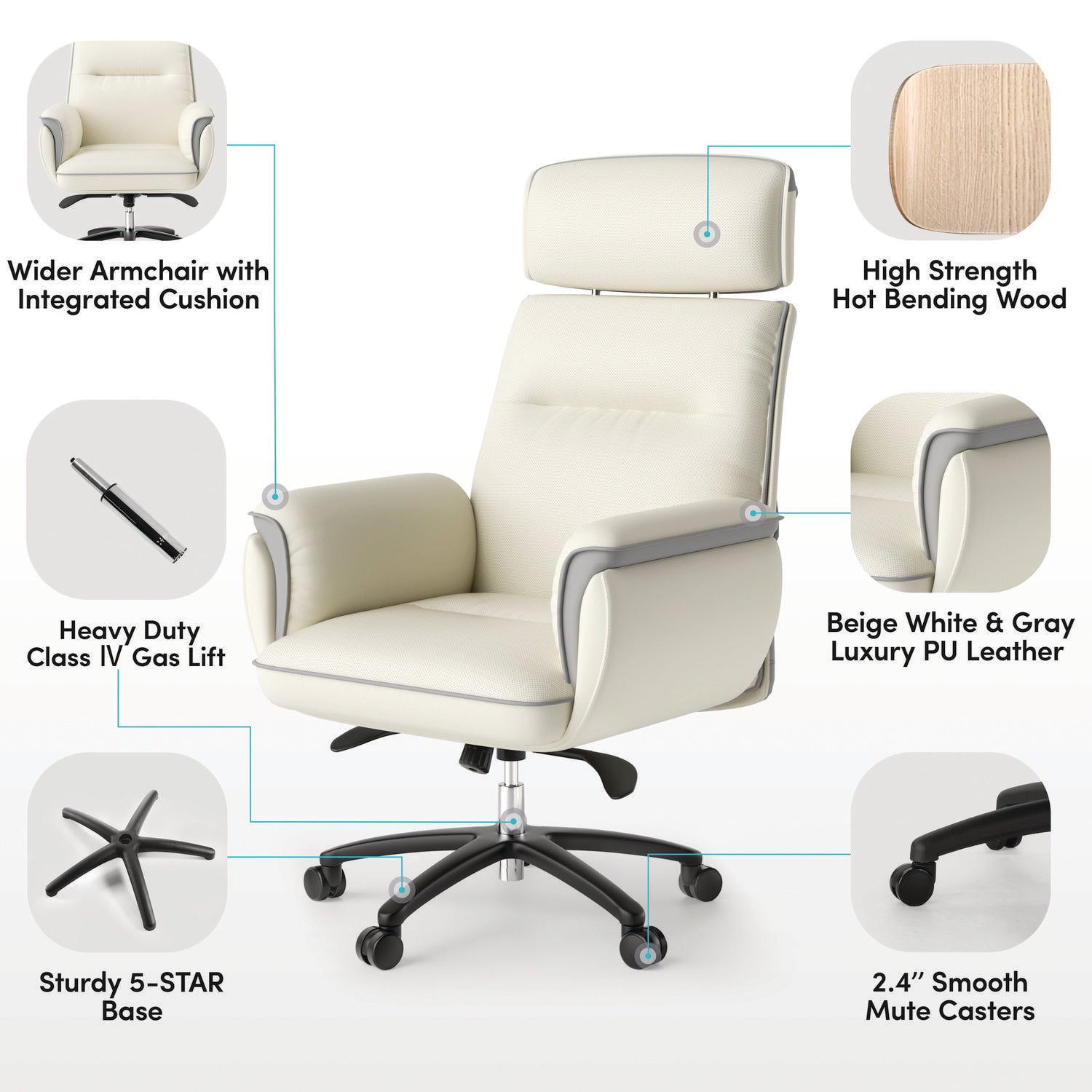 Eureka Ergonomic® Royal Executive Office Chair, Support up to 300 lb, 19.46"-22.26" Seat Height, White PU Leather Seat, White Faux Leather Back