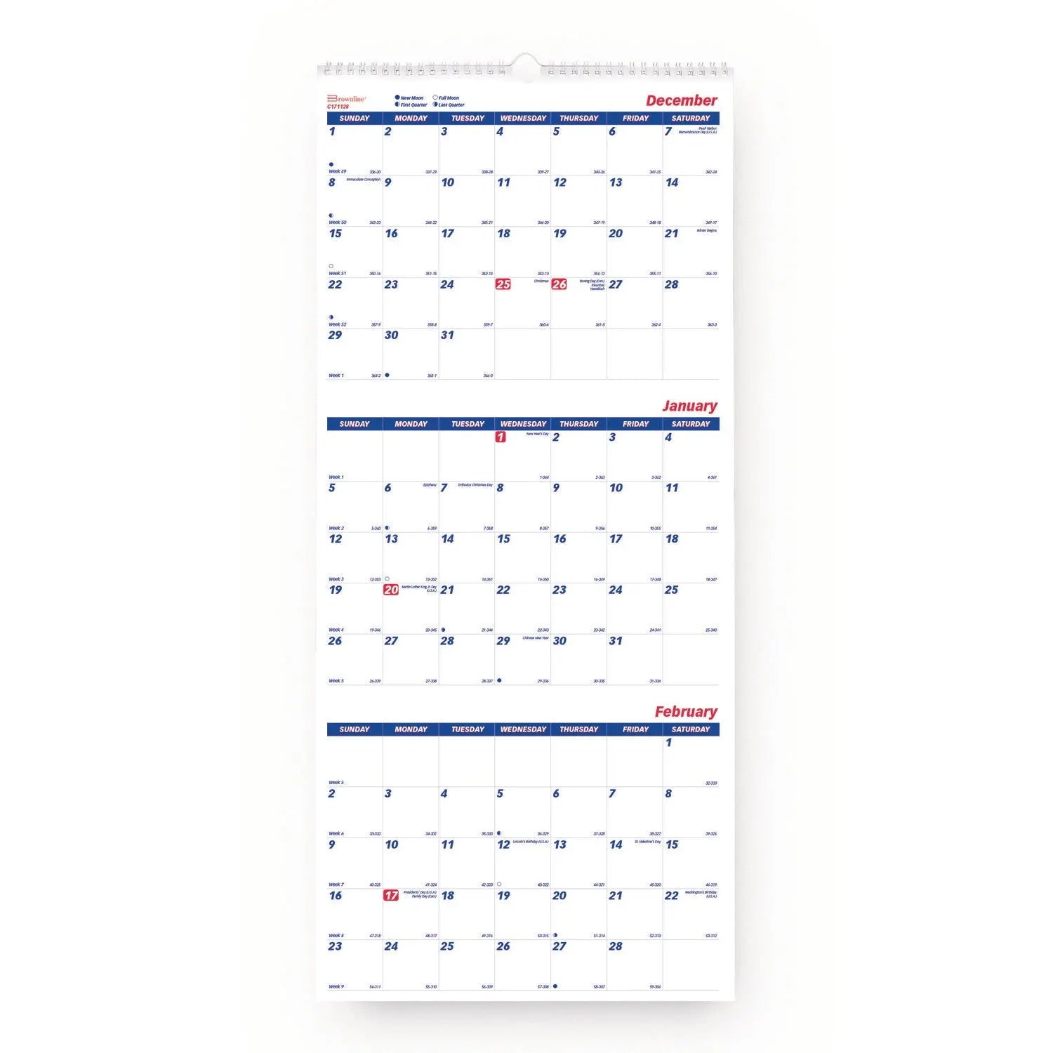 Three-Month Wall Calendar, 12.25" x 27", White/Blue Sheets, 14-Months: Dec 2024 to Jan 2026