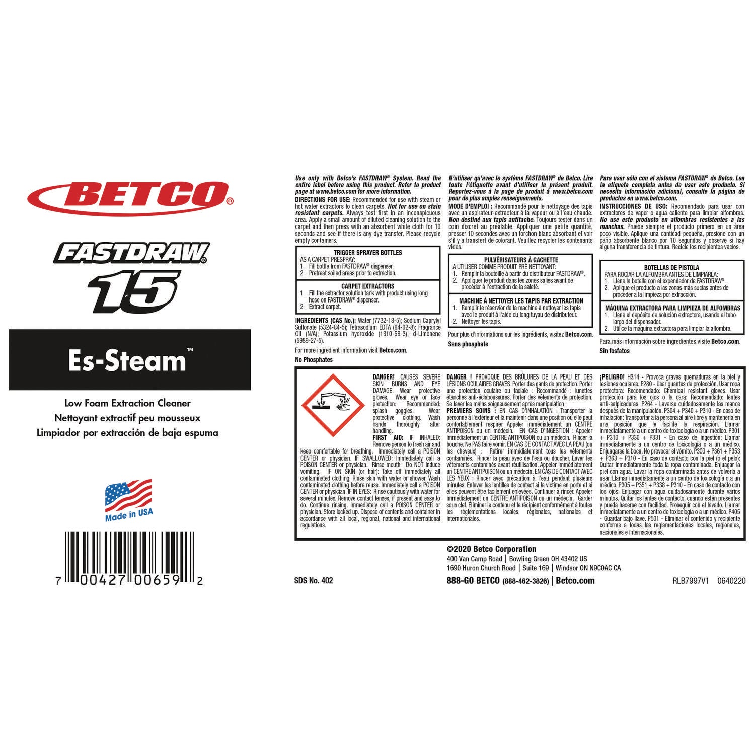 Betco® FiberPRO Es-Steam Carpet Cleaner, Country Fresh, 2 L Bottle, 4/Carton