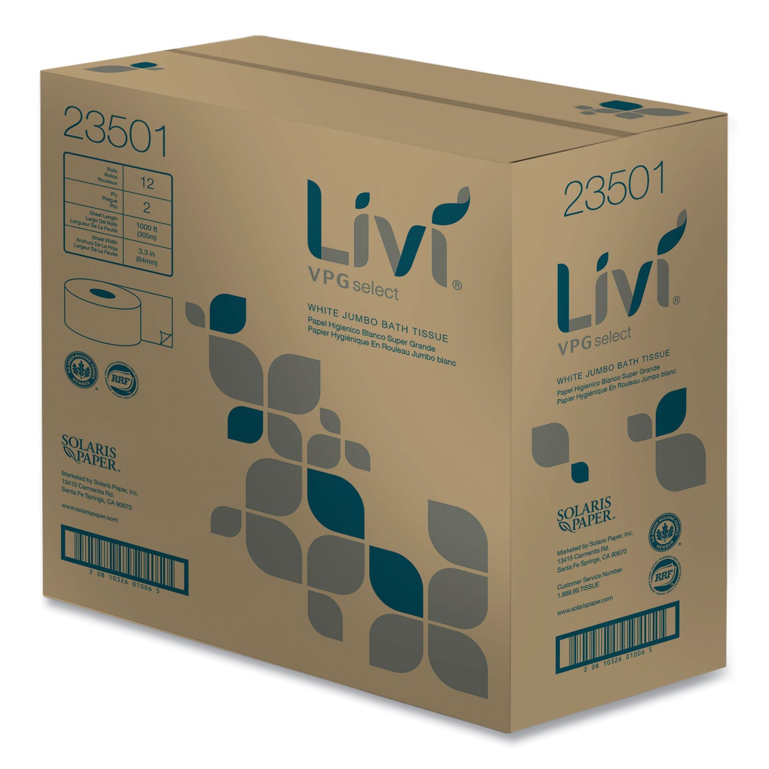 Livi® VPG Select Jumbo Bath Tissue, 2-Ply, White, 3.3 x 1,000 ft, 12/Carton