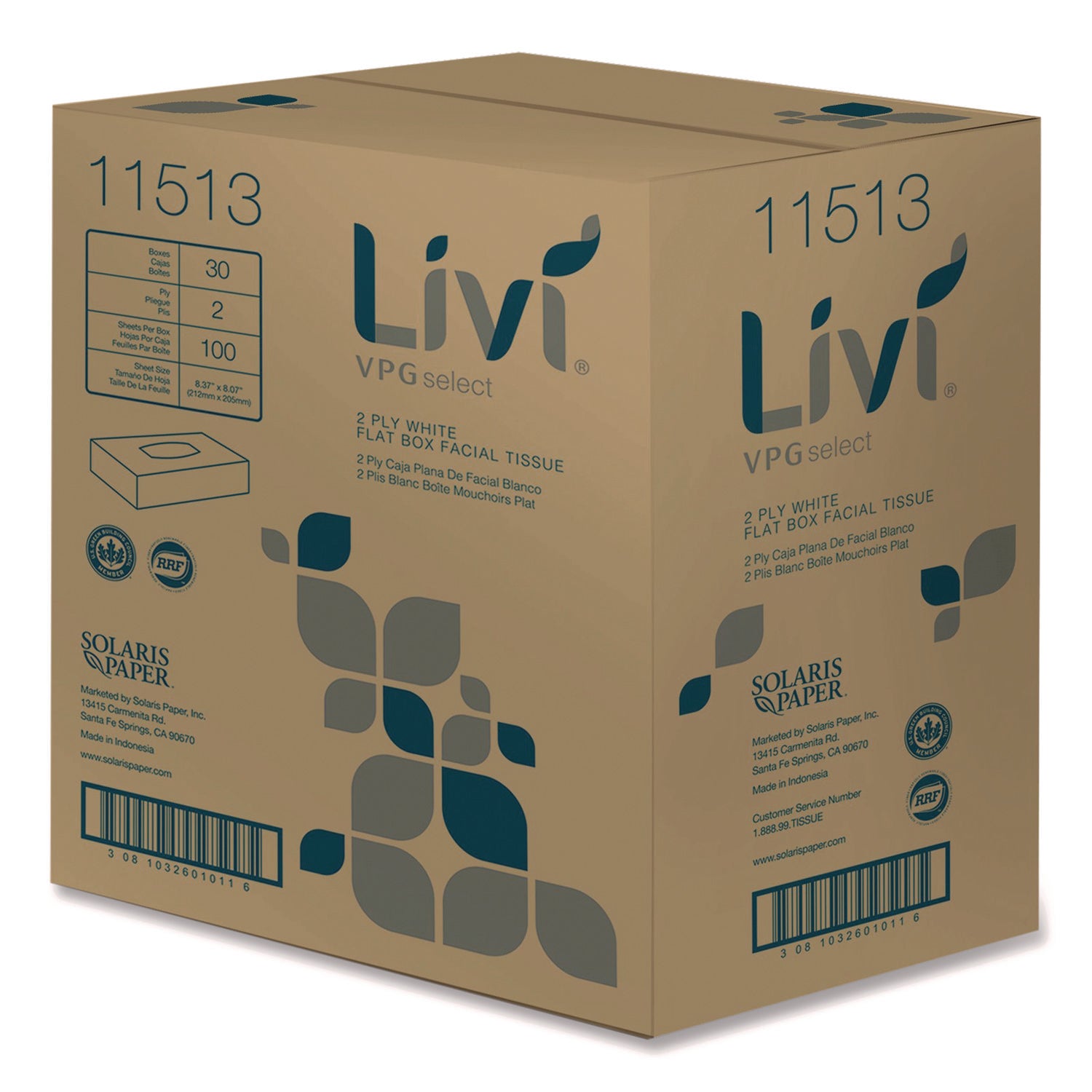 Livi® VPG Select Flat Box Facial Tissue, 2-Ply, White, 100 Sheets/Box, 30 Boxes/Carton