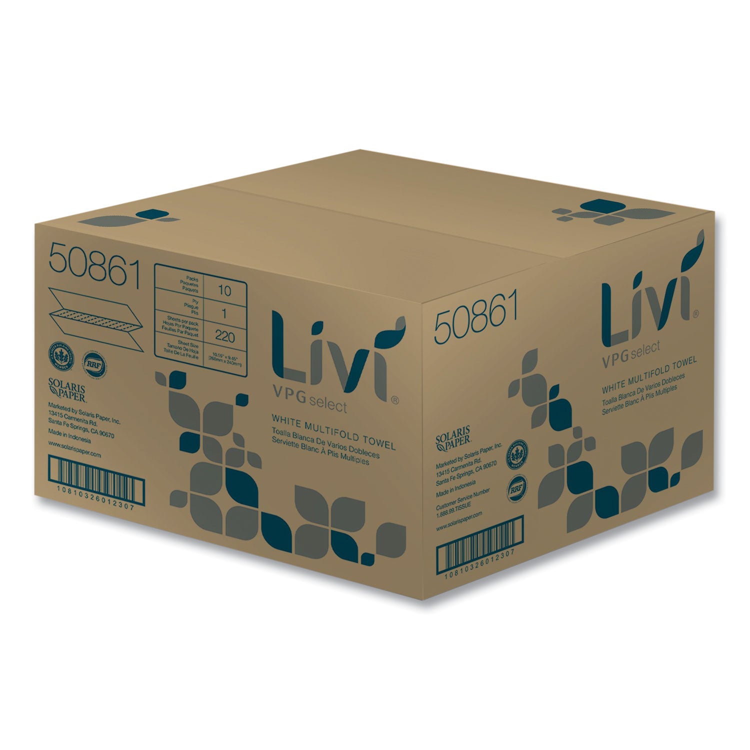 Livi® VPG Select Multifold Towel, 1-Ply, 9.45 x 10.55, White, 220 Sheets/Pack, 10 Packs/Carton