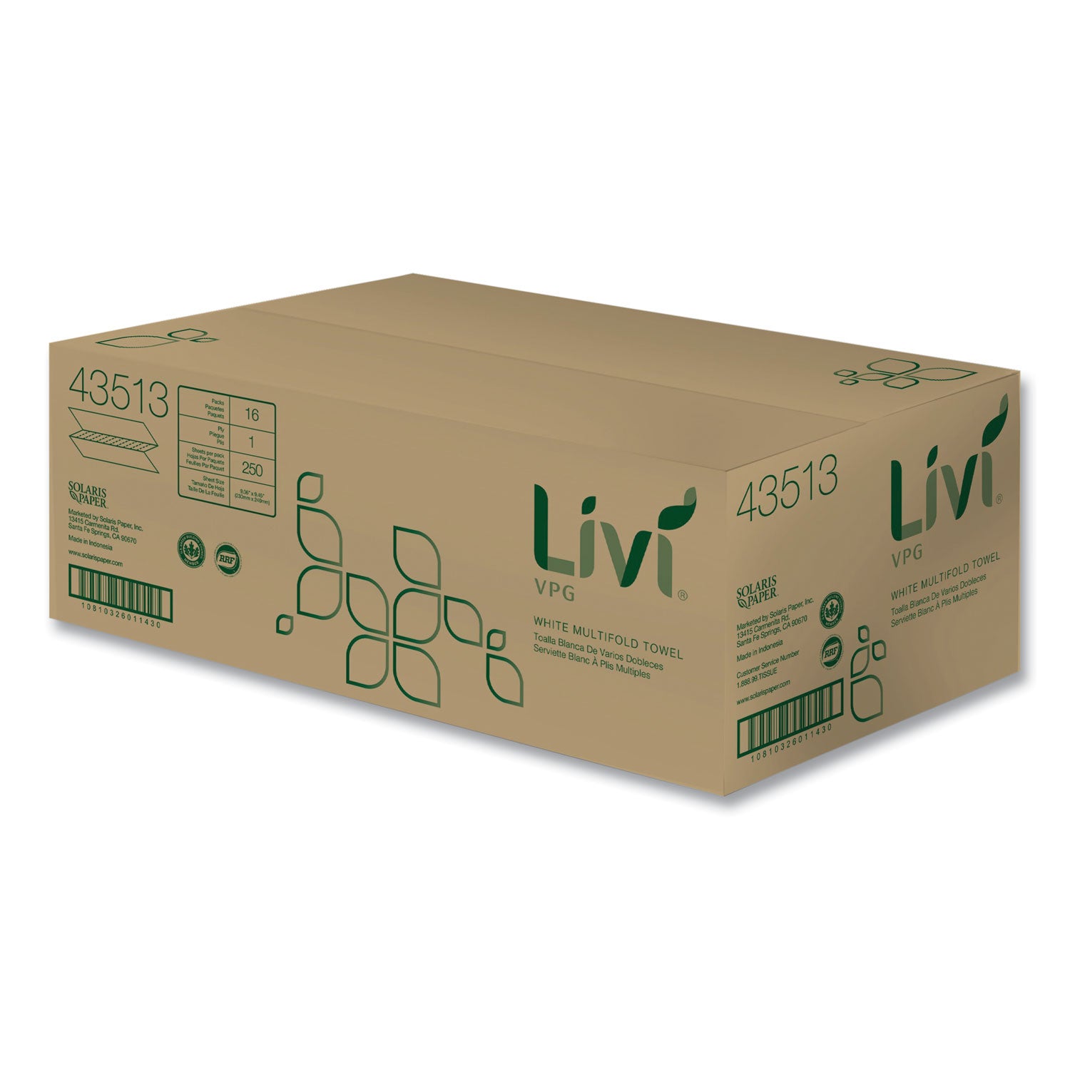 Livi® VPG Multifold Towel, 1-Ply, 9.45 x 9.06, White, 250 Sheets/Pack, 16 Packs/Carton