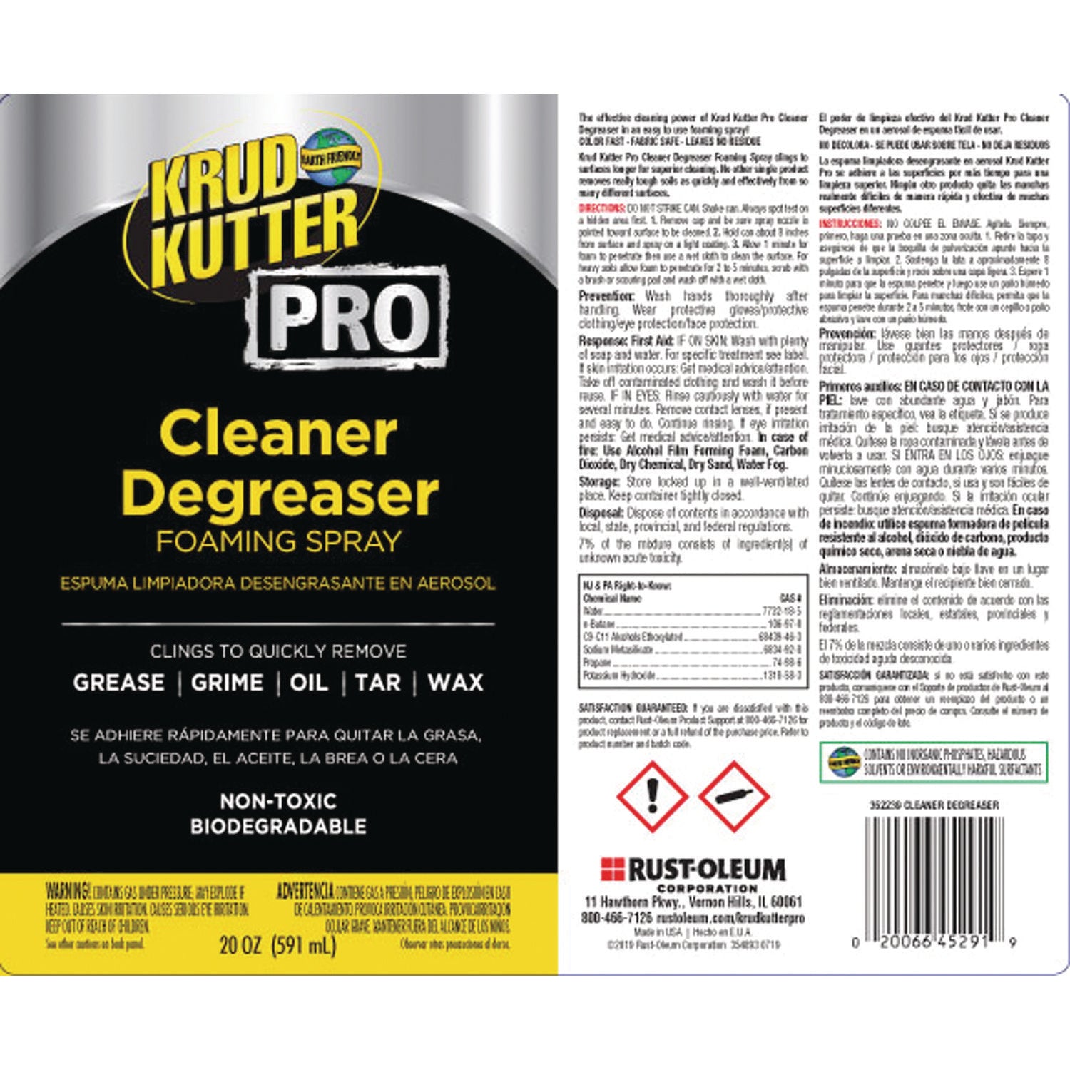 KRUD KUTTER® PRO Ready-To-Use Cleaner Degreaser Foaming Spray, 20 oz Aerosol Can, 6/Carton