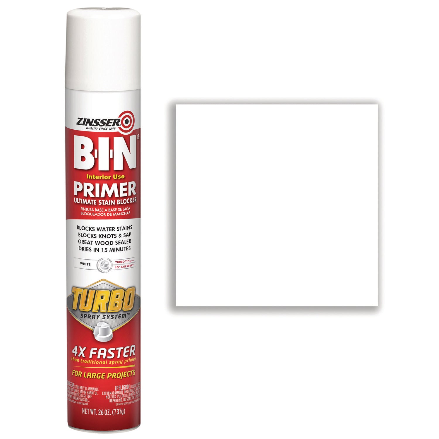 Zinsser® BIN Aerosol Primer with Turbo Spray System, Interior, Flat White, 26 oz Aerosol Can, 6/Carton