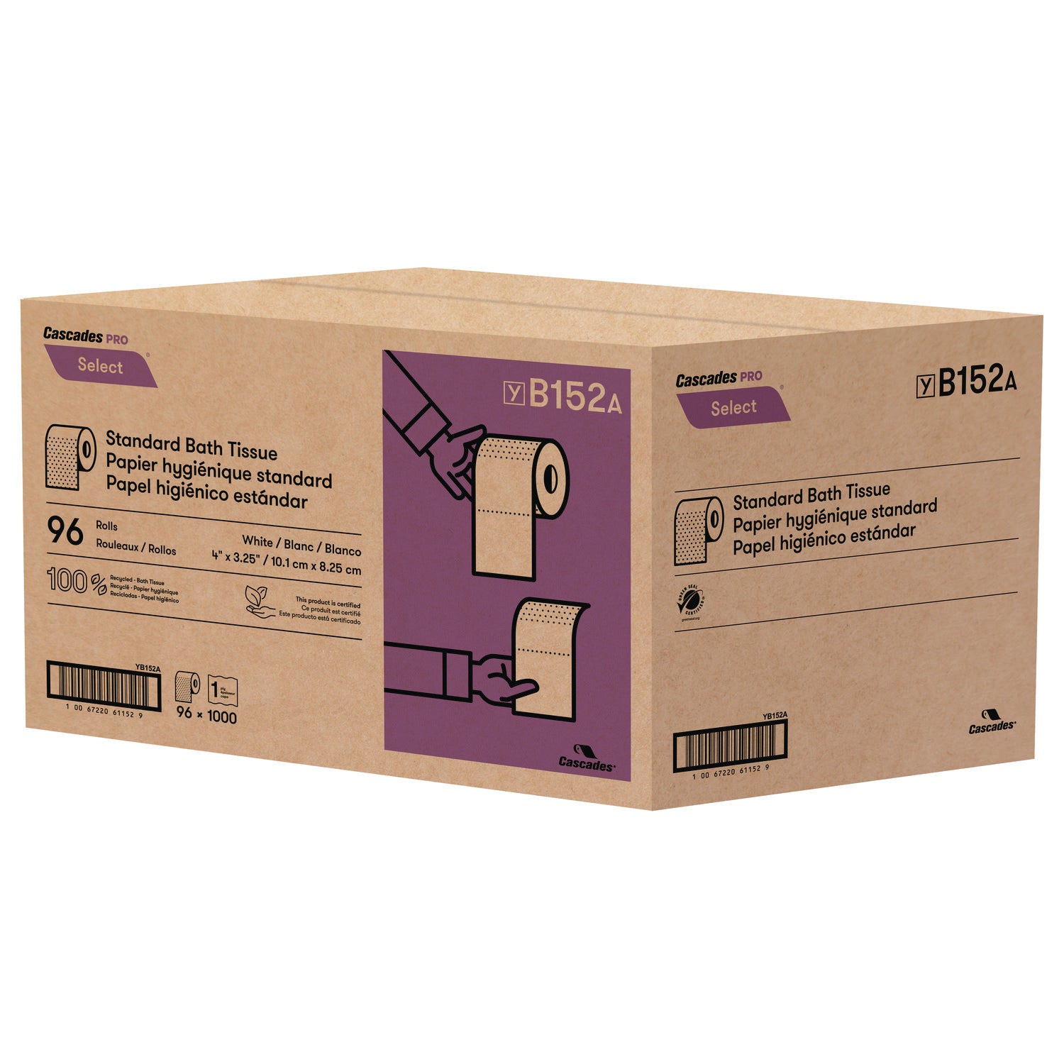 Cascades PRO Select Standard Bath Tissue, 1-Ply, White, 1,000 Sheets/Roll, 96 Rolls/Carton