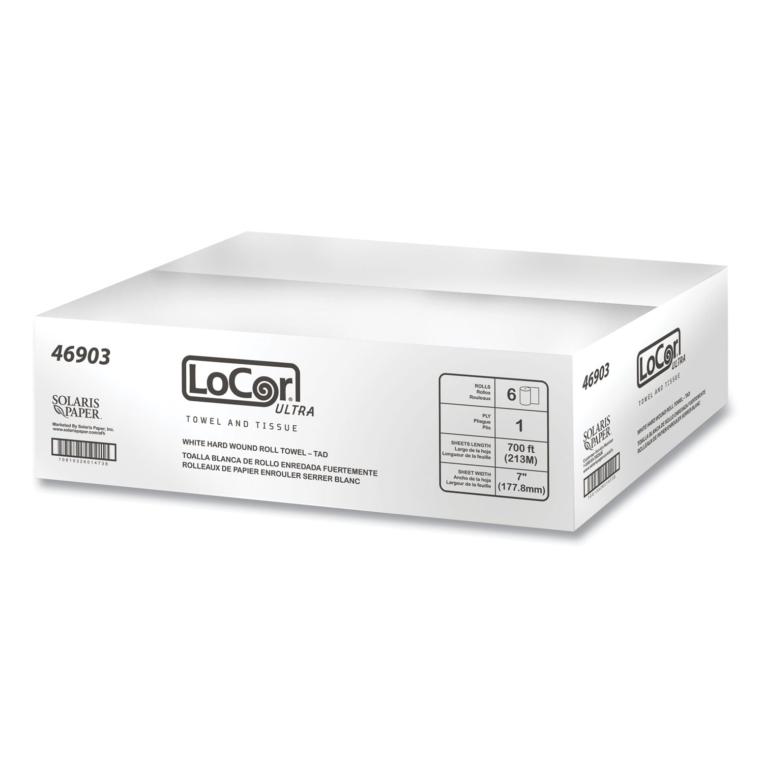 LoCor® Hard Wound Roll Towel, TAD, 1-Ply, 7" x 700 ft, White, 6 Rolls/Carton