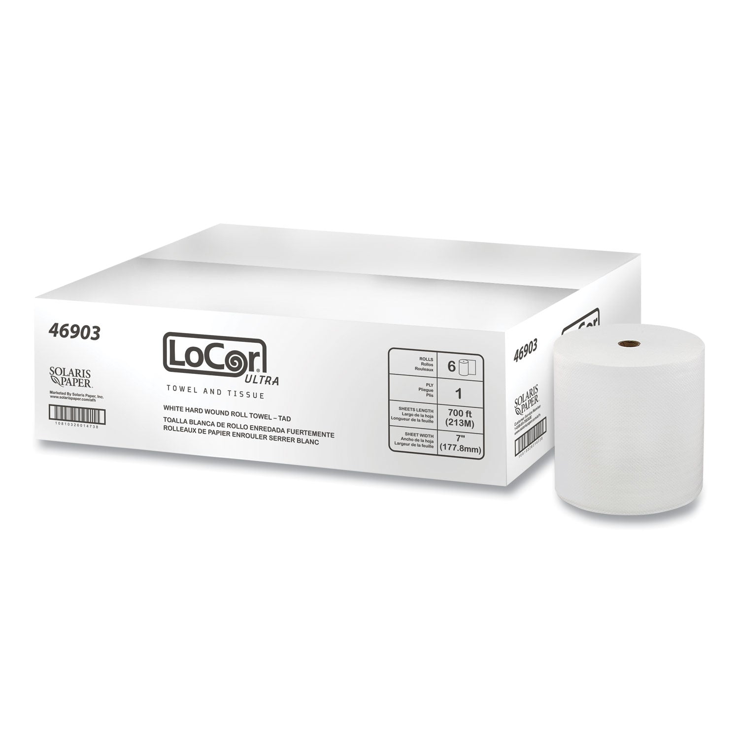 LoCor® Hard Wound Roll Towel, TAD, 1-Ply, 7" x 700 ft, White, 6 Rolls/Carton