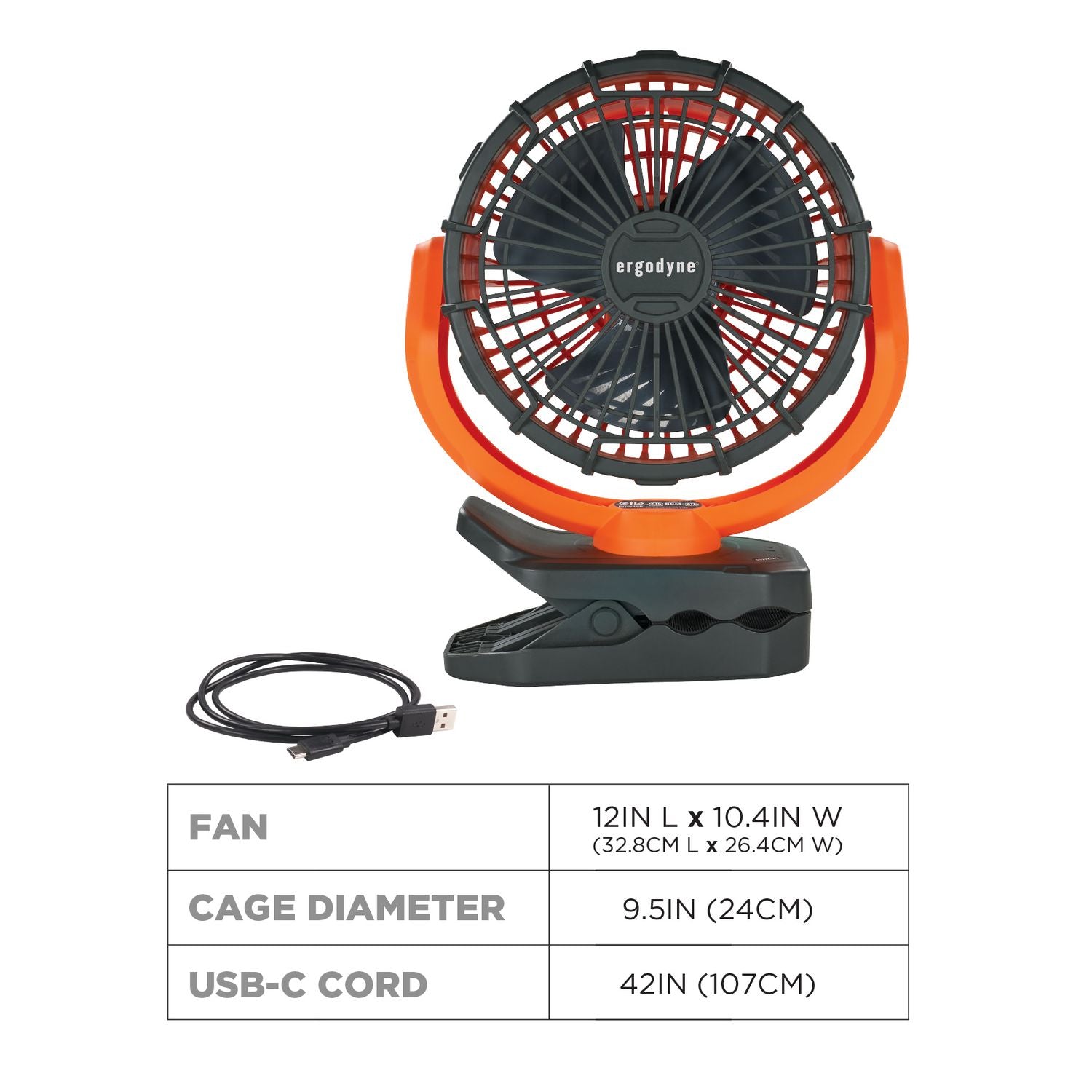 ergodyne® Chill-Its 6090 Rechargeable Portable Jobsite Fan, 9.5, Orange/Black