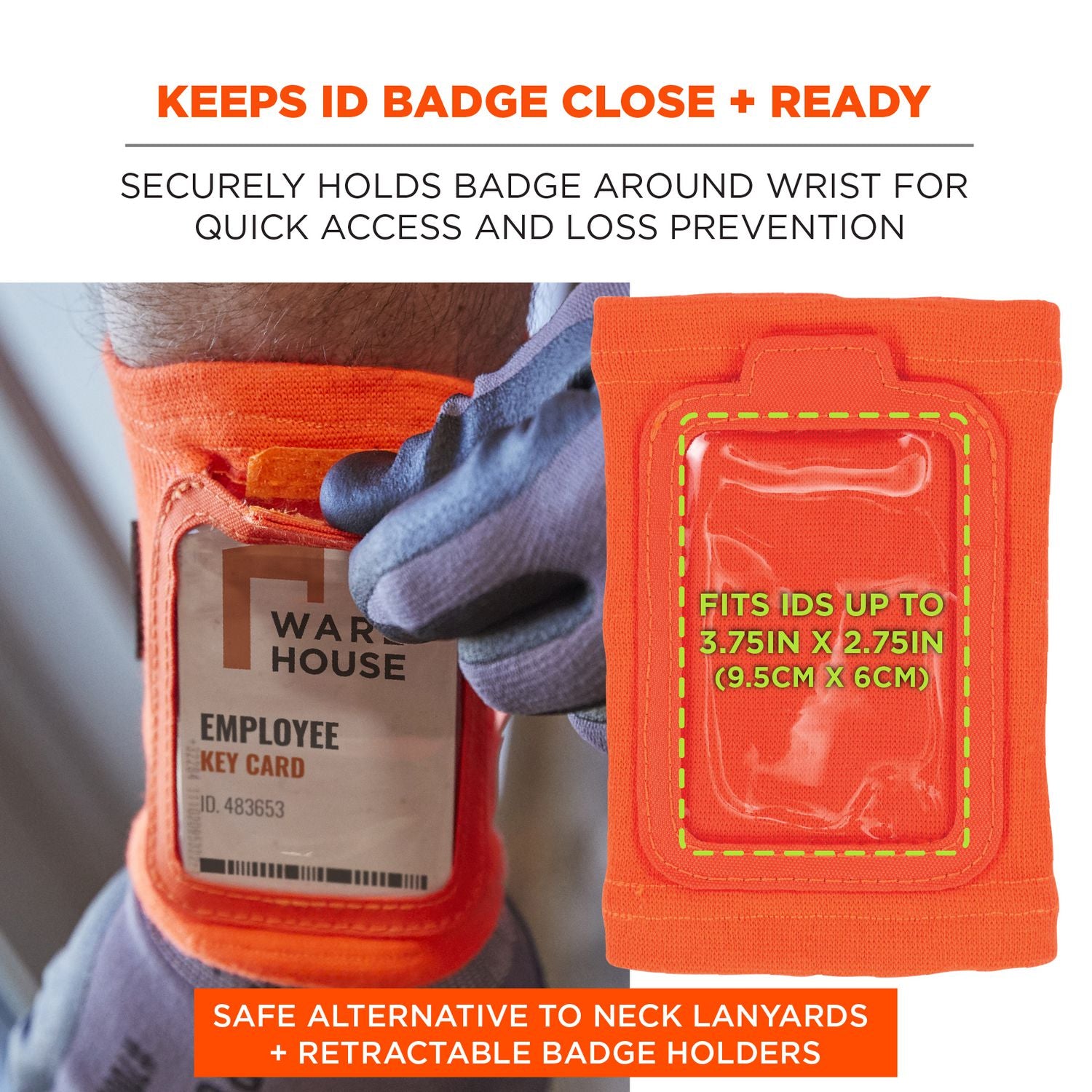ergodyne® Squids 3388 Wrist ID/Badge Holder, Vertical, Orange, 3.5 x 5.5 Holder, 2.75 x 3.75 Insert
