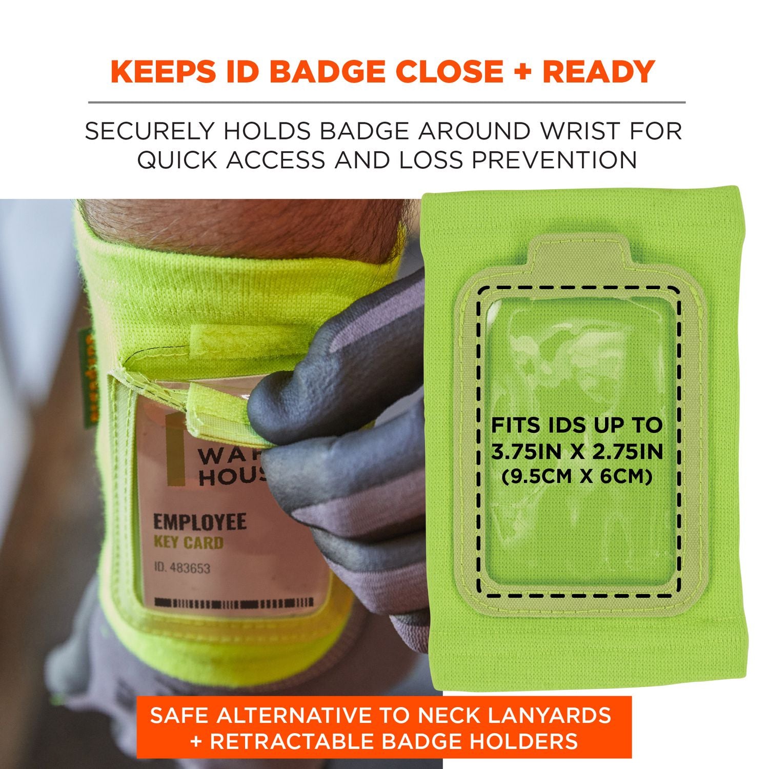 ergodyne® Squids 3388 Wrist ID/Badge Holder, Vertical, Lime, 3.5 x 5.5 Holder, 2.75 x 3.75 Insert
