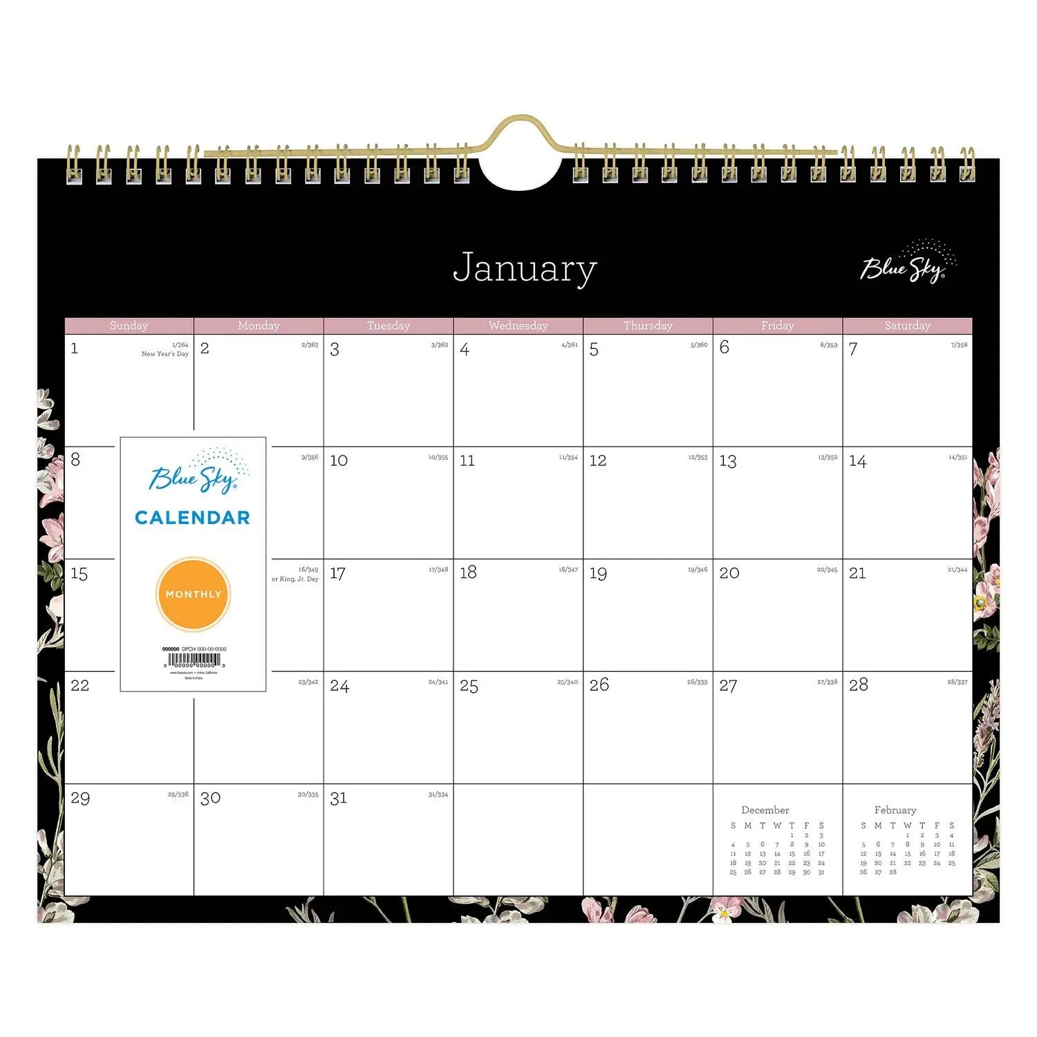 Neveah Monthly Wall Calendar, Floral Artwork, 11" x 8.75", White/Black/Pink Sheets, 12-Month (Jan to Dec): 2025 Blue Sky® Flipcost