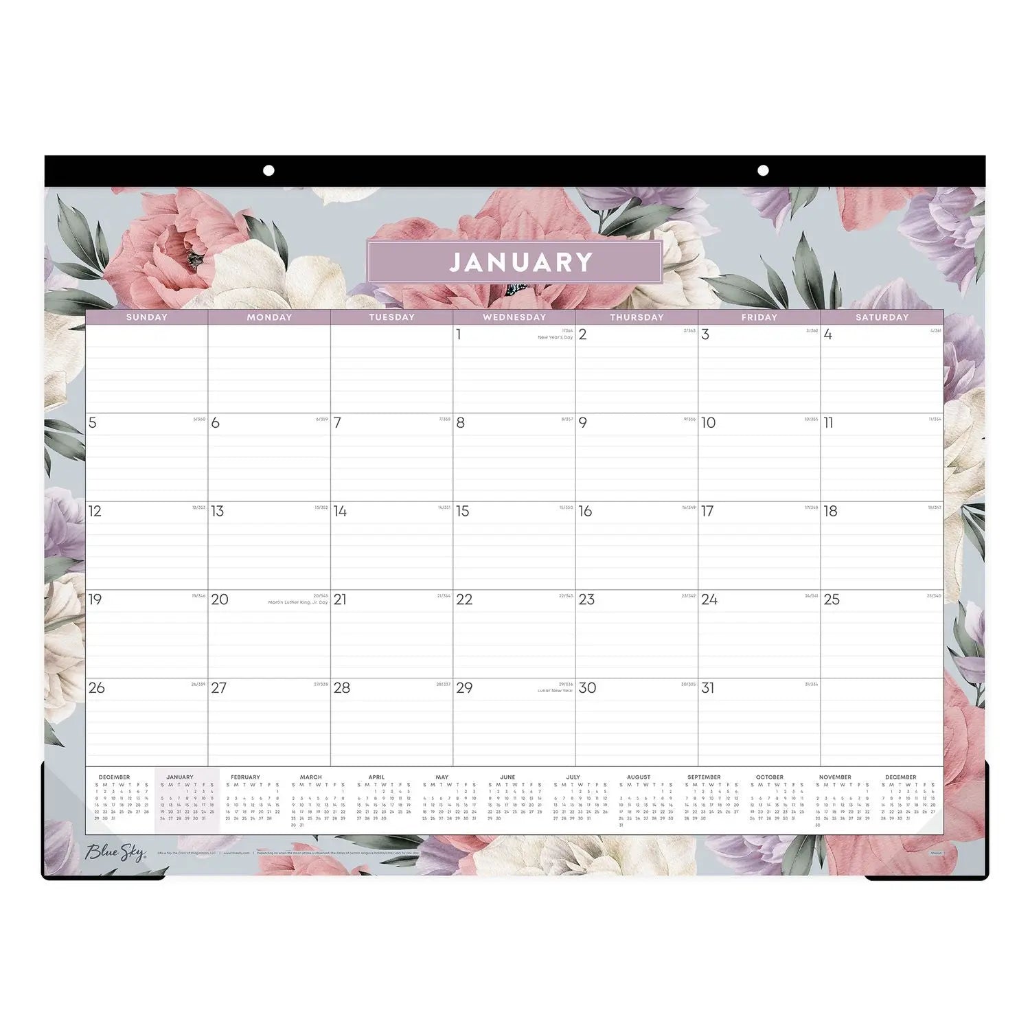 Tula Monthly Desk Pad Calendar, Floral Artwork, 22" x 17", White/Purple/Pink Sheets, Black Headband, 12-Month (Jan-Dec): 2025