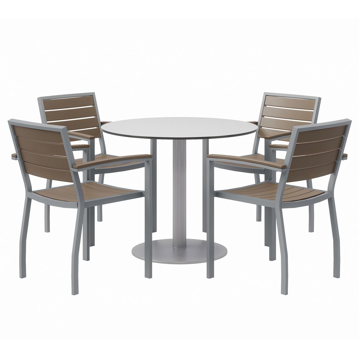 Eveleen Outdoor Patio Table, Four Mocha Powder-Coated Polymer Chairs, Round, 36" Dia x 29h, Fashion Gray
