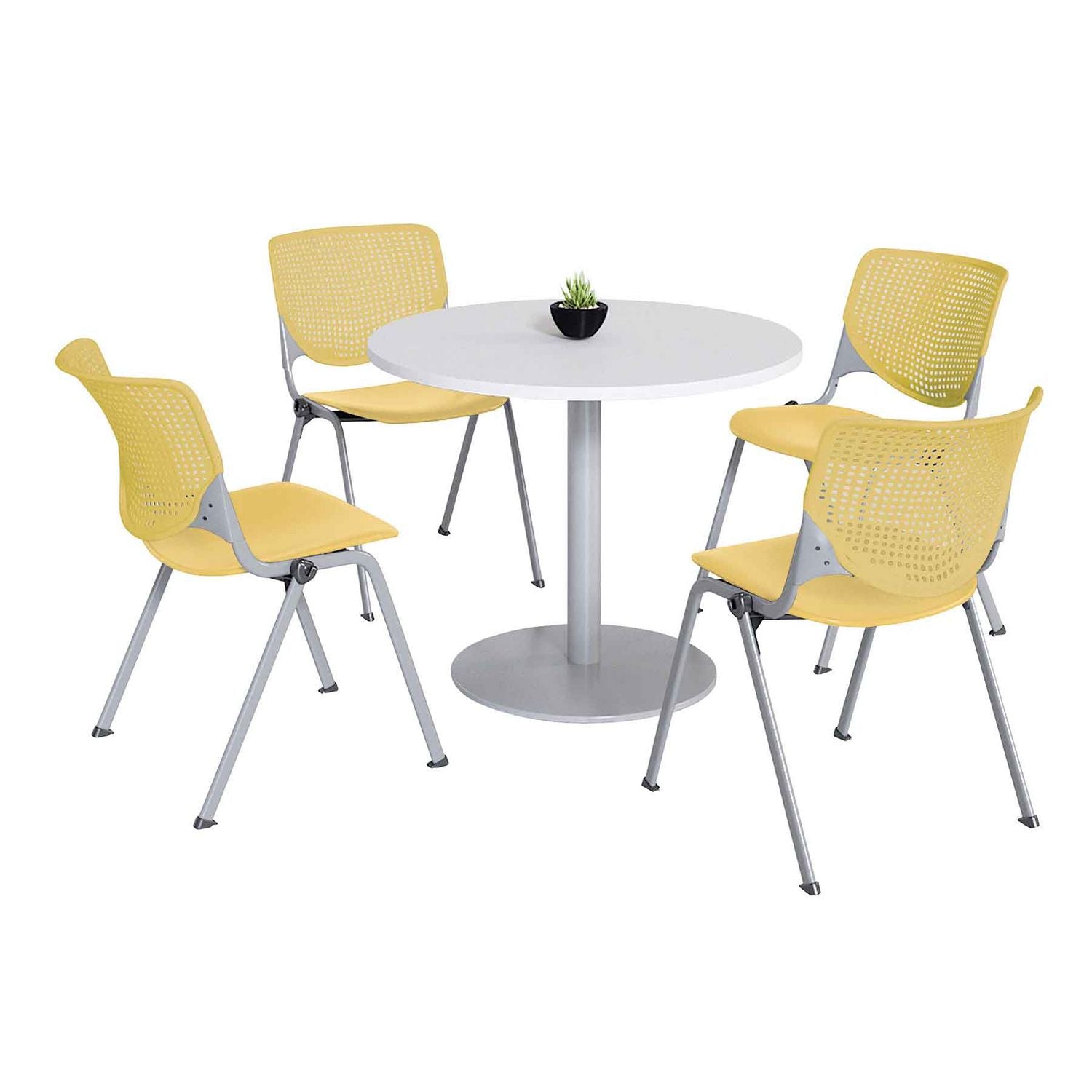 Pedestal Table with Four Yellow Kool Series Chairs, Round, 36" Dia x 29h, Designer White