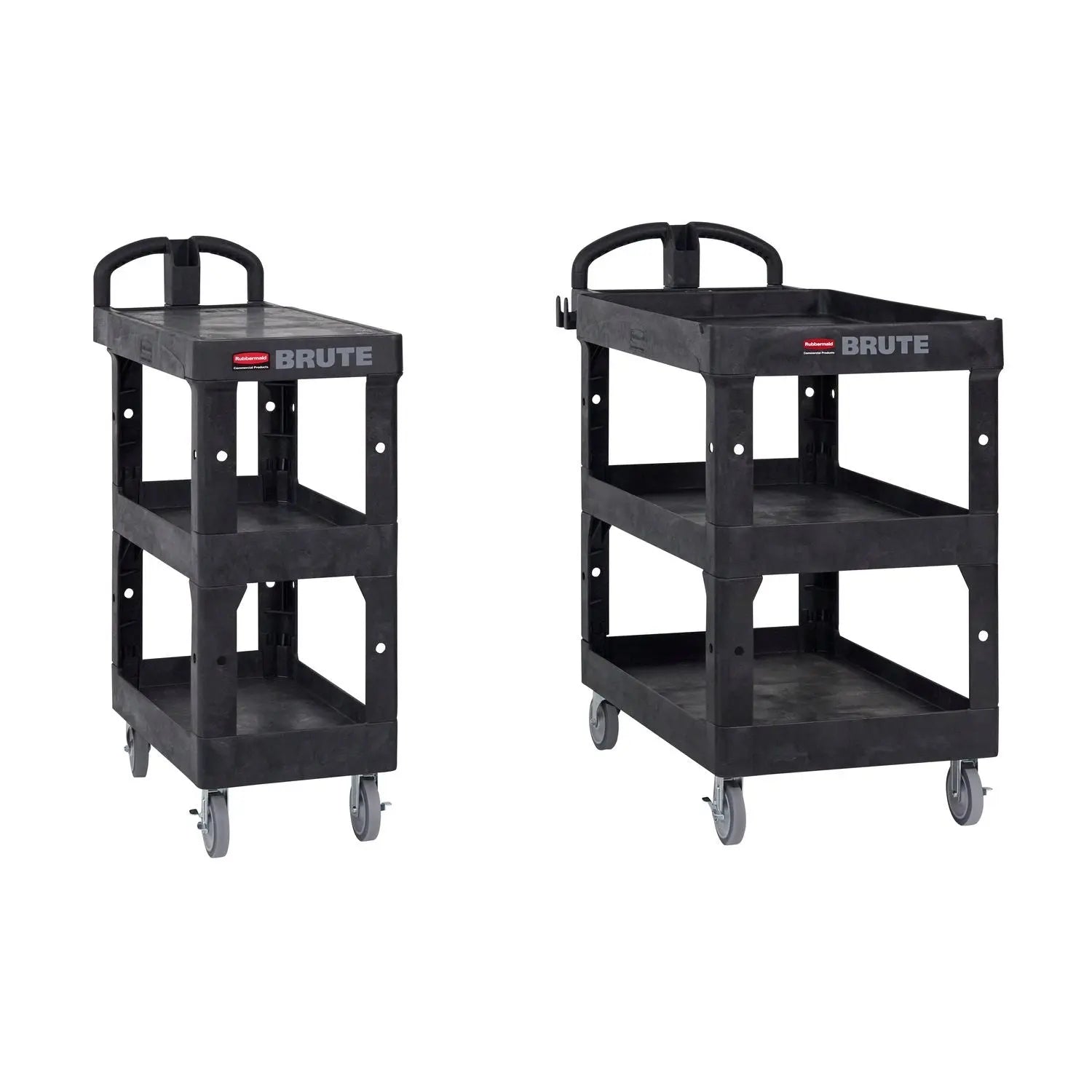 BRUTE 3-Shelf Heavy-Duty Ergo Flat Utility Cart, Resin, 3 Shelves, 600 lb Capacity, 25.24" x 48.63" x 46.18", Black Rubbermaid® Commercial Flipcost