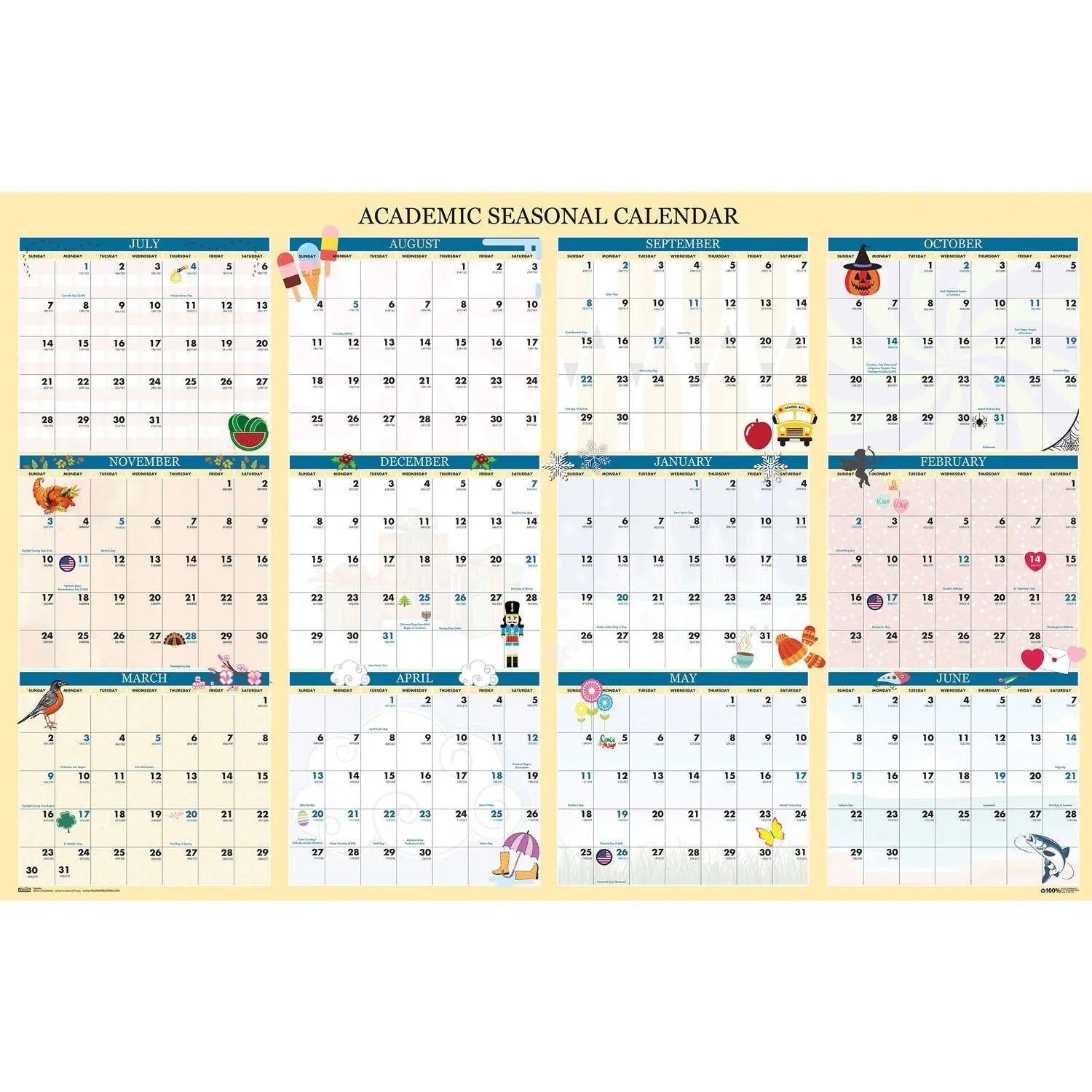 Recycled Academic Seasonal Laminated Wall Calendar, Illustrated Seasons, 24 x 37, 12-Month (July to June), 2024 to 2025 House of Doolittle™ Flipcost