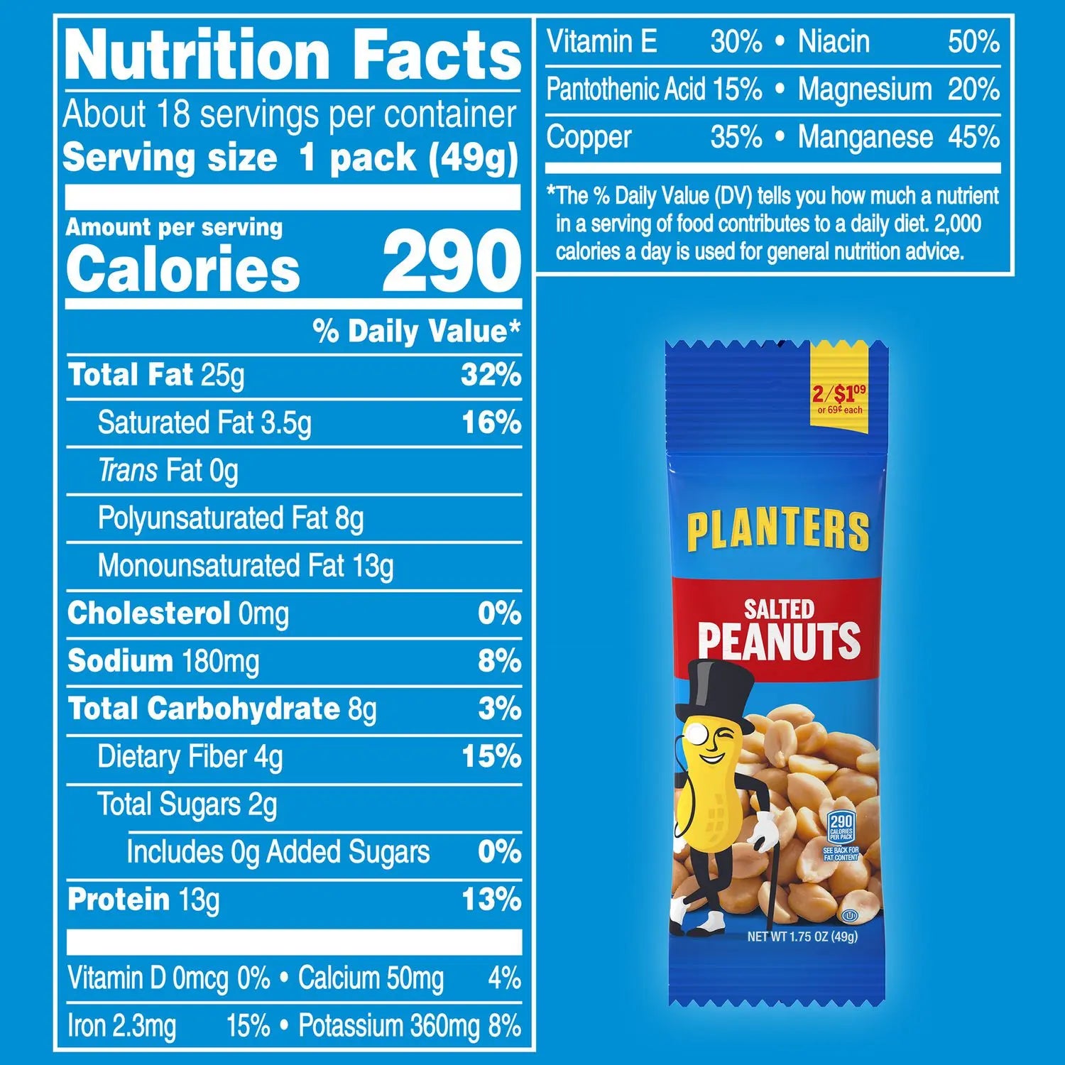 Salted Peanuts, 1.75 oz Pack, 18 Packets/Box, 2 Boxes/Carton Planters® Flipcost