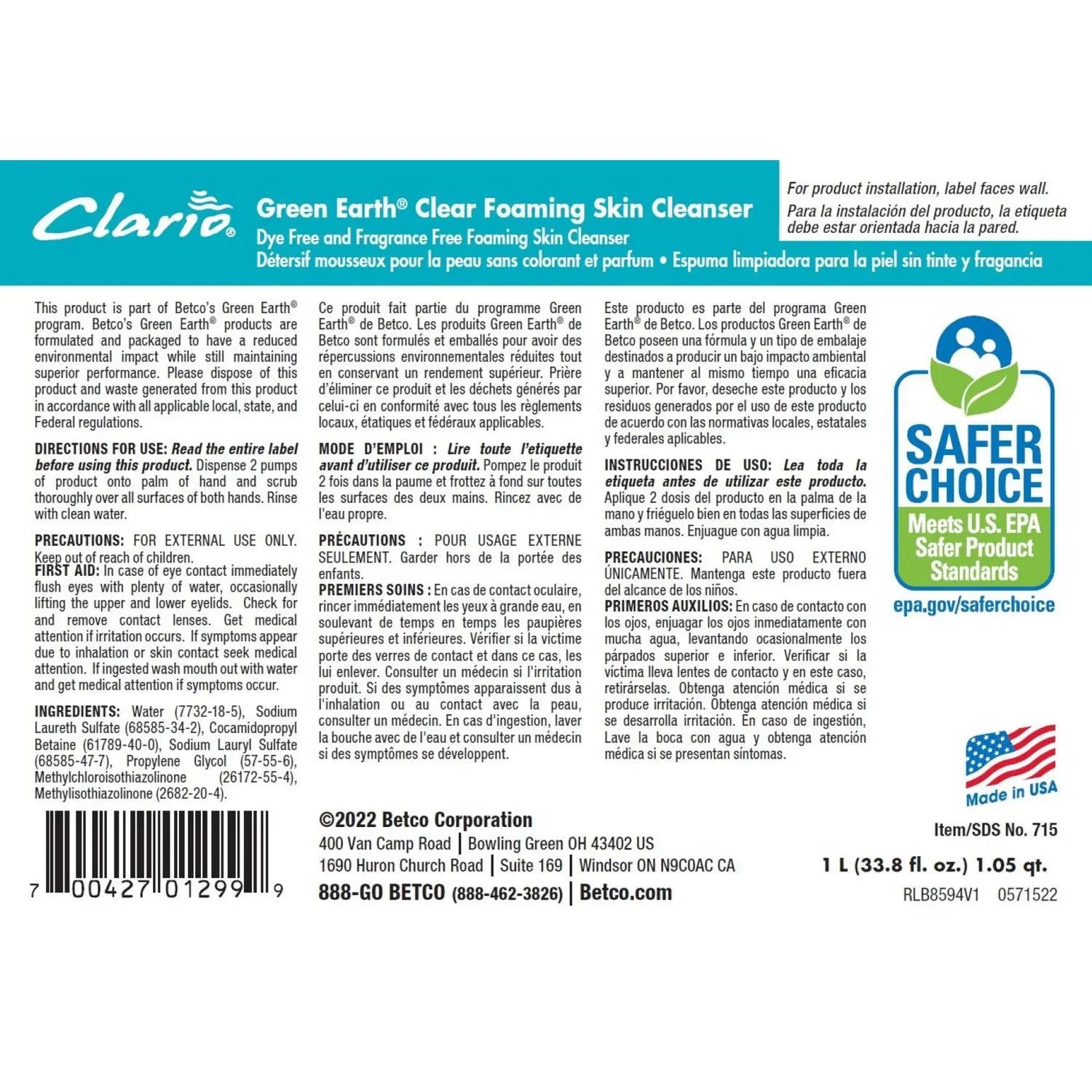 Green Earth Clear Foaming Skin Cleanser Refill, Fragrance-Free, 1,000 mL, 6/Carton Betco® Flipcost