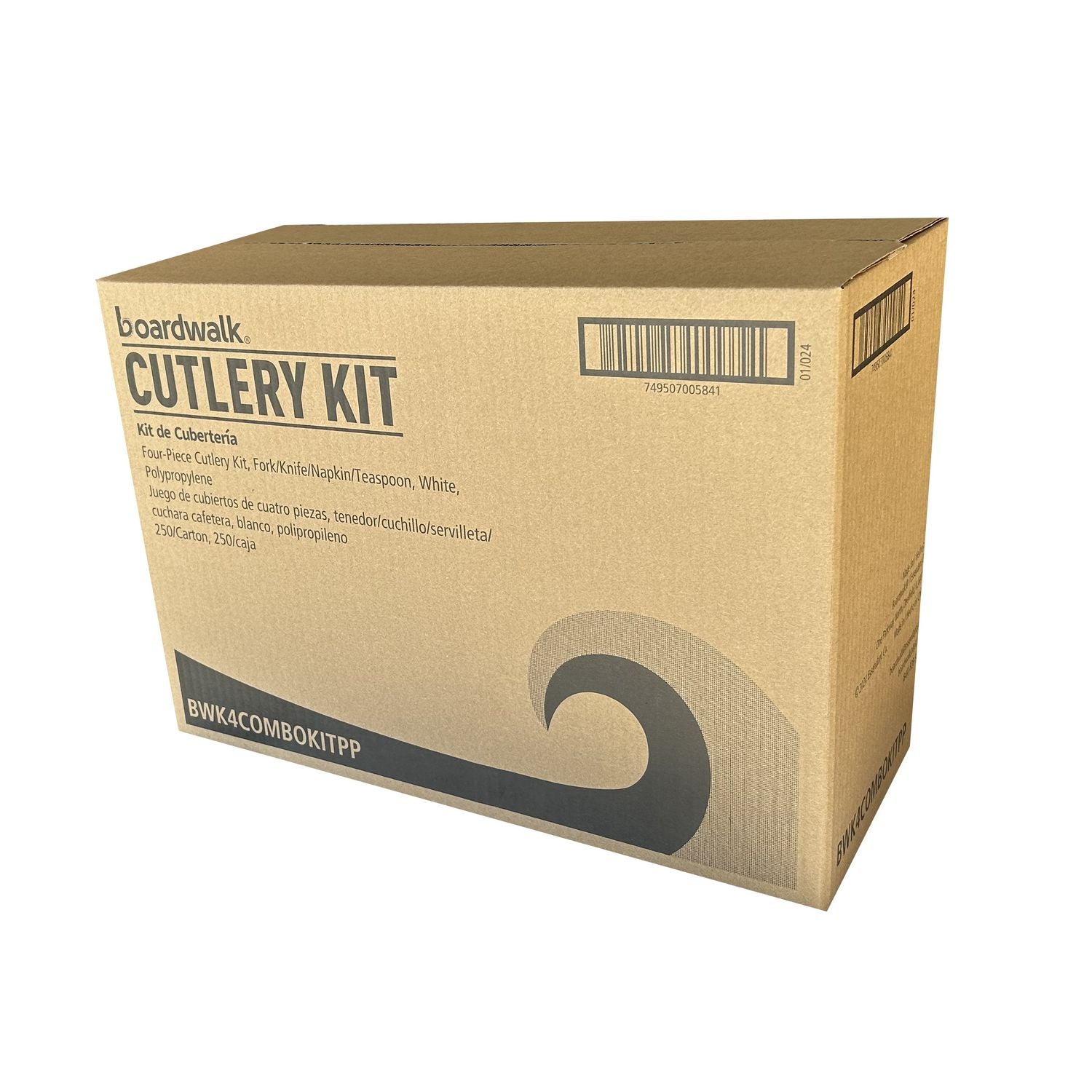 Boardwalk® Four-Piece Polypropylene Cutlery Kit, Mediumweight, Fork/Knife/Napkin/Spoon, Plastic, White, 250/Carton