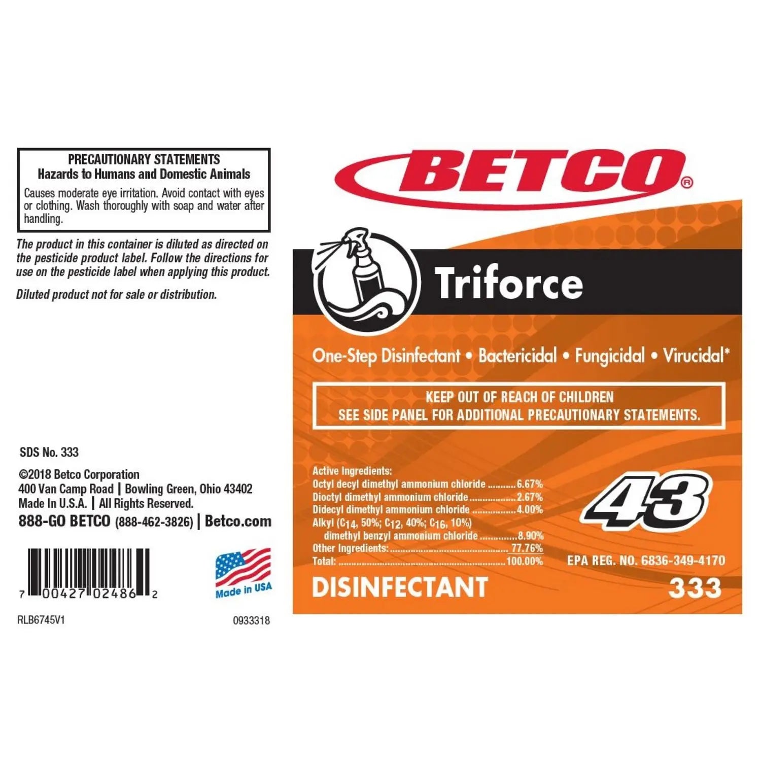 Triforce Disinfectant, Fresh Scent, 2 L Bottle, 4/Carton Betco® Flipcost