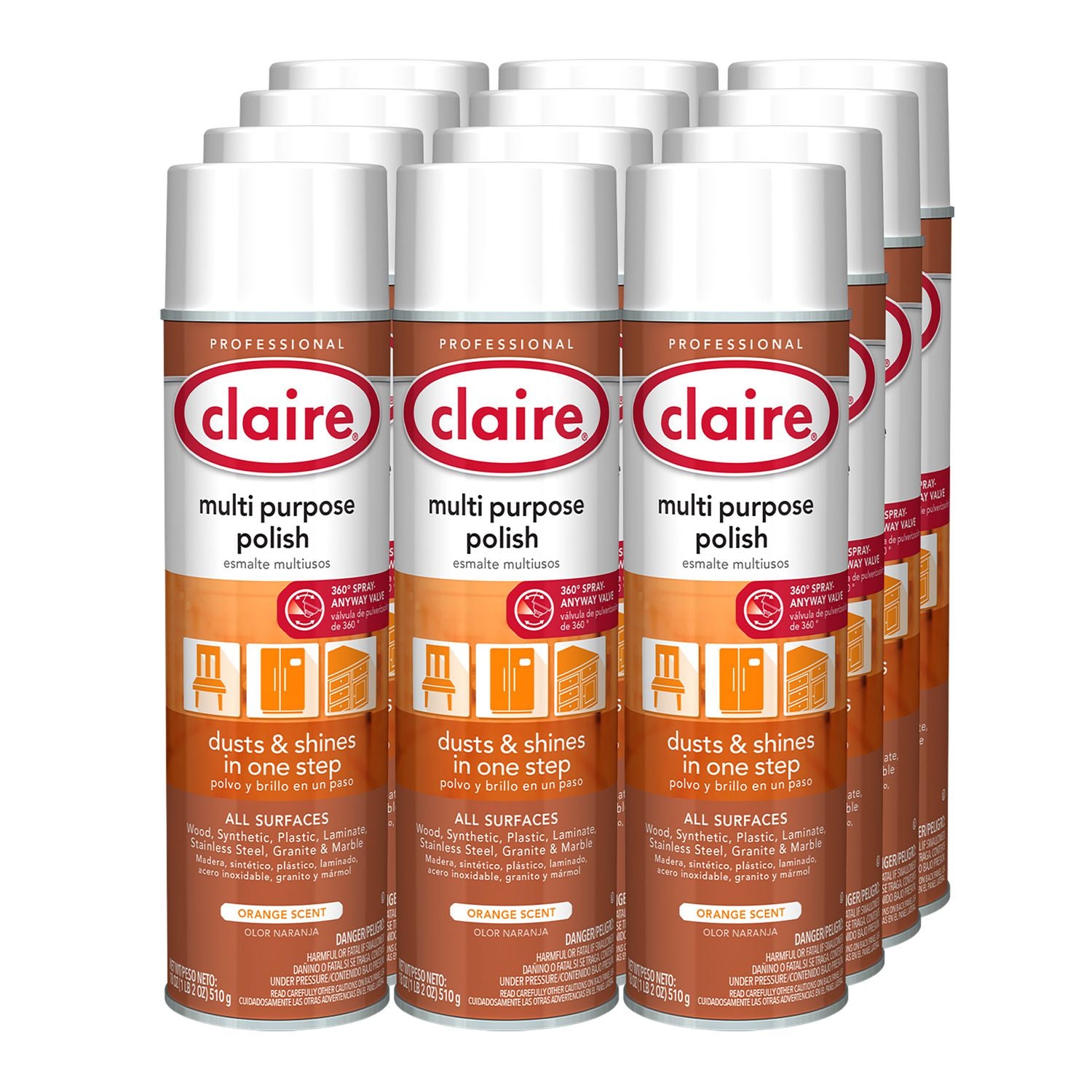 Claire® Multi Purpose Polish, Citrus Scent, 18 oz Aerosol Spray, 12/Carton