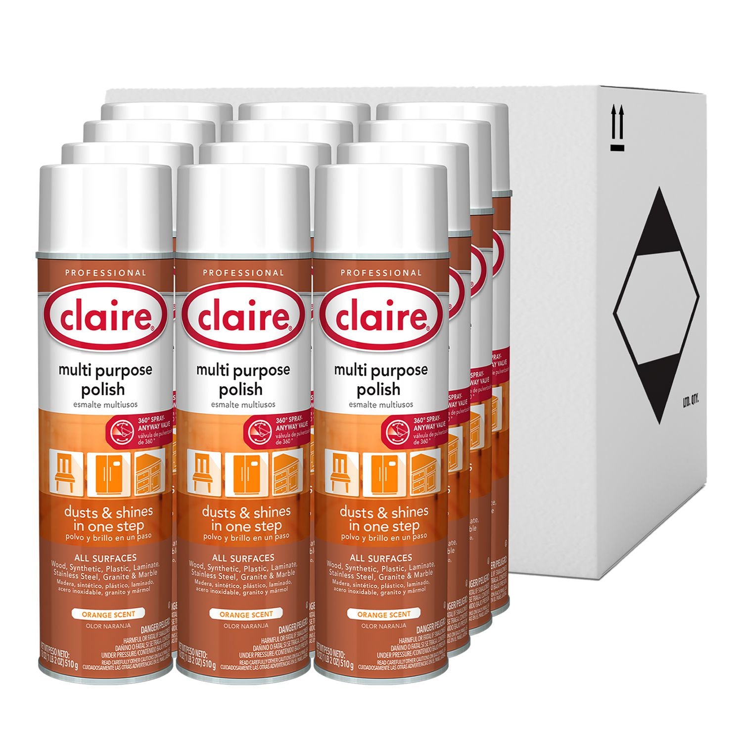 Claire® Multi Purpose Polish, Citrus Scent, 18 oz Aerosol Spray, 12/Carton