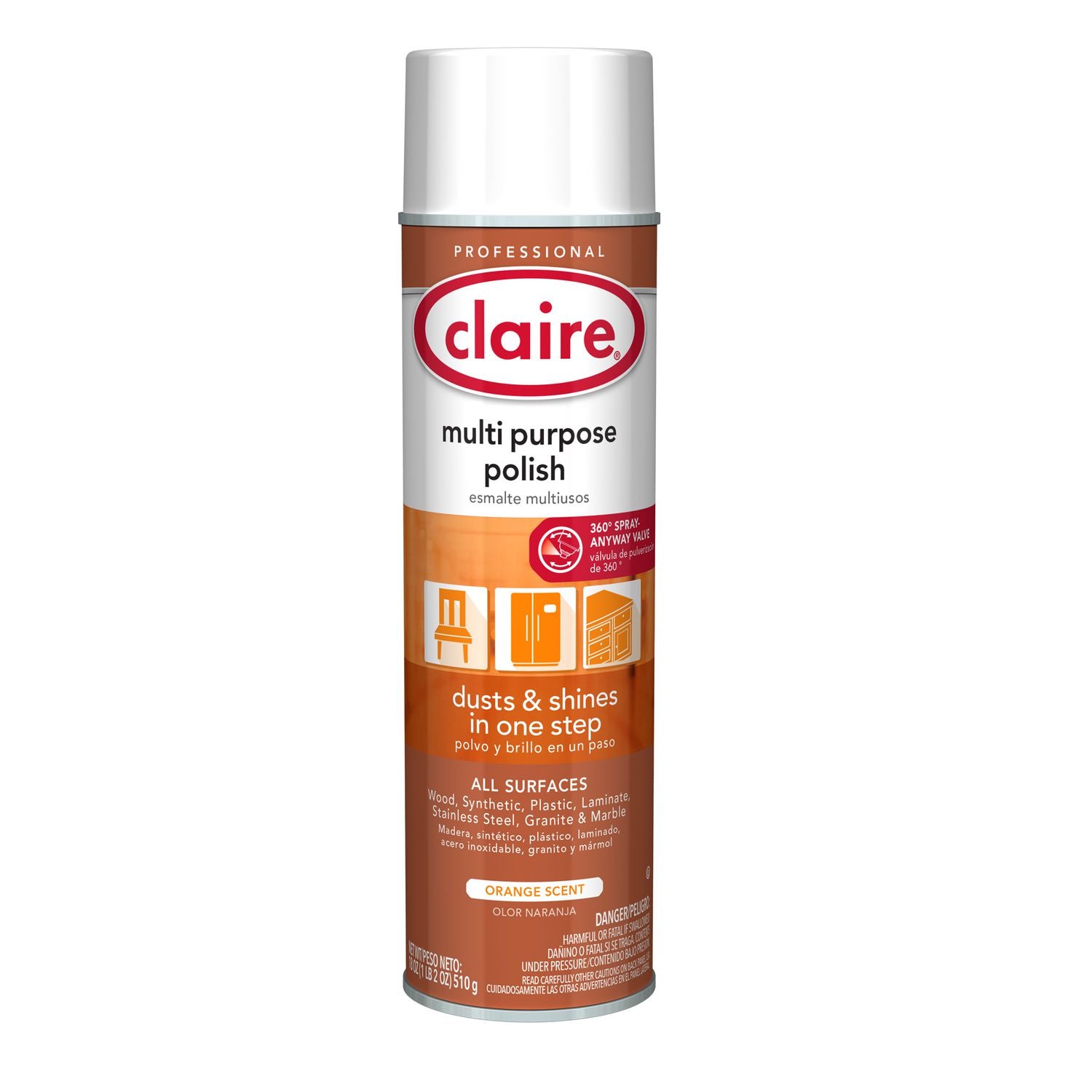 Claire® Multi Purpose Polish, Citrus Scent, 18 oz Aerosol Spray, 12/Carton