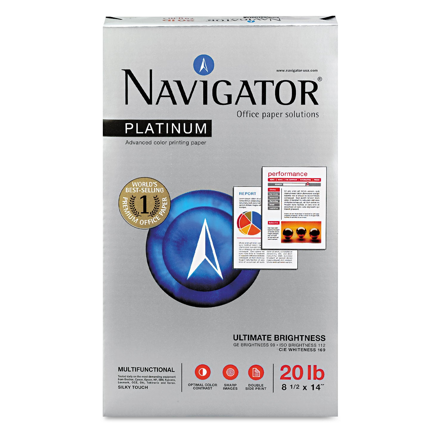 Navigator® Platinum Paper, 99 Bright, 20 lb Bond Weight, 8.5 x 14, White, 500 Sheets/Ream, 10 Reams/Carton