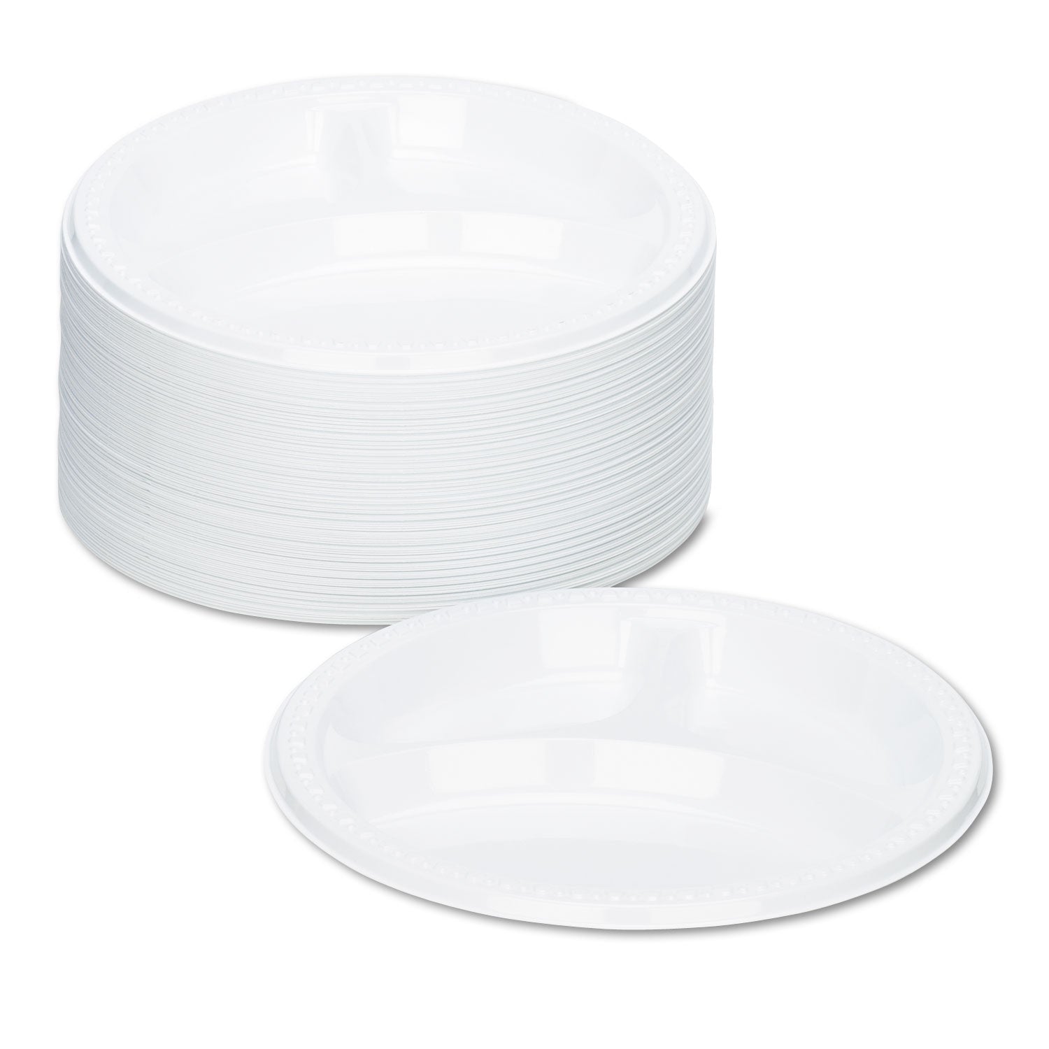 Tablemate® Plastic Dinnerware, 3-Compartment Plates, 9" dia, White, 125/Pack