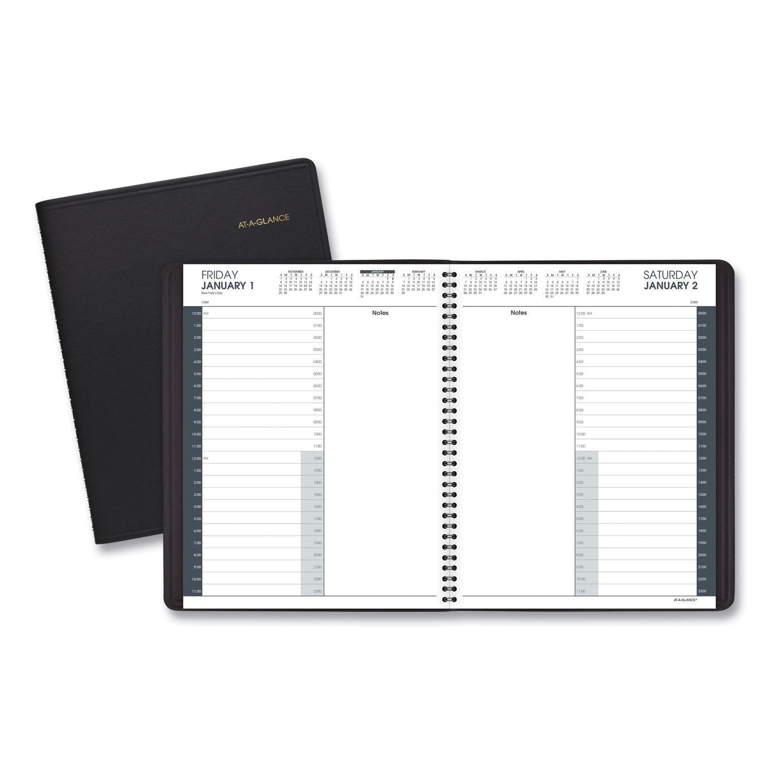 AT-A-GLANCE® 24-Hour Daily Appointment Book, 11 x 8.5, Black Cover, 12-Month (Jan to Dec): 2025